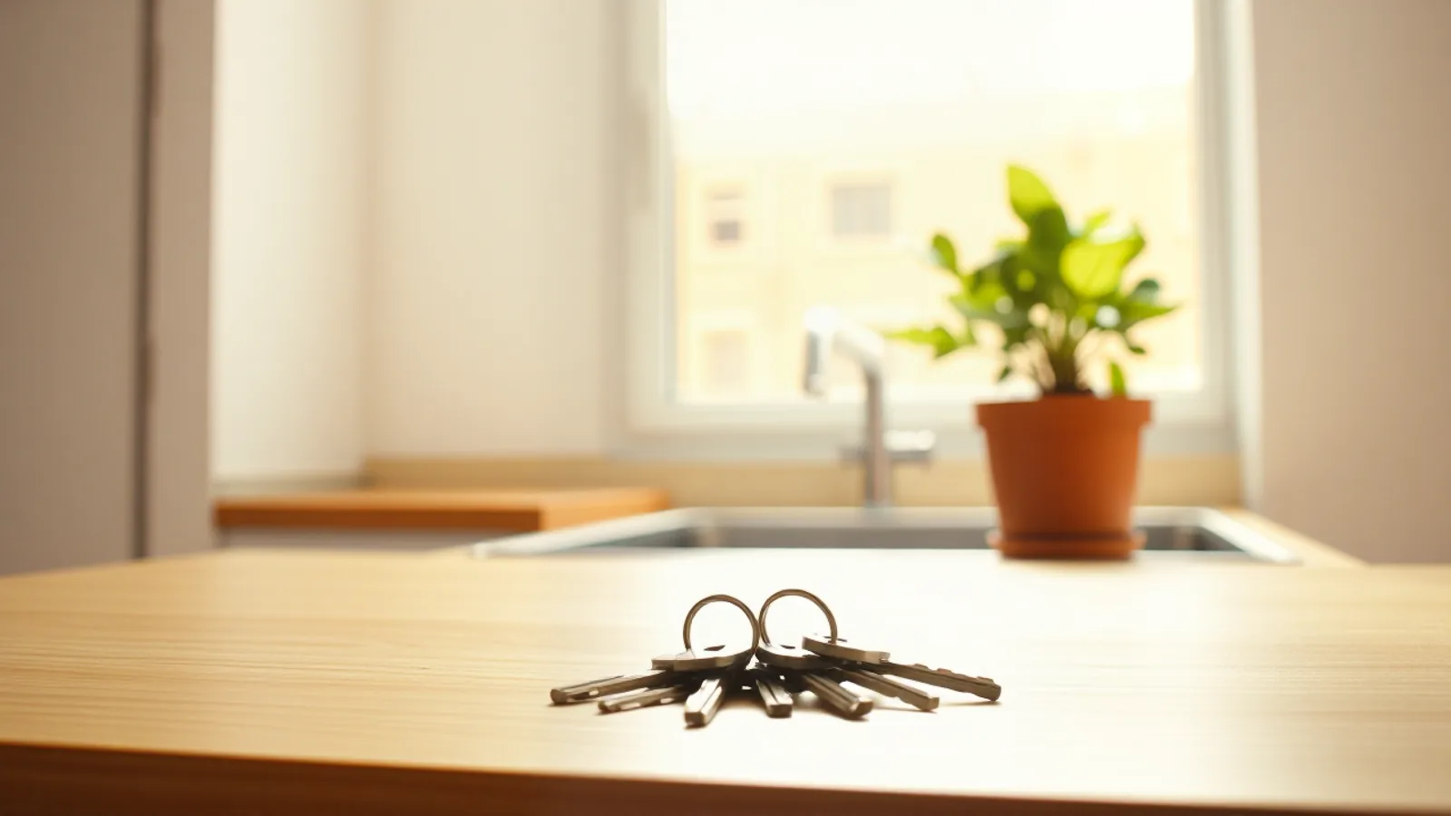 Unas llaves de casa sobre la encimera de una cocina soleada