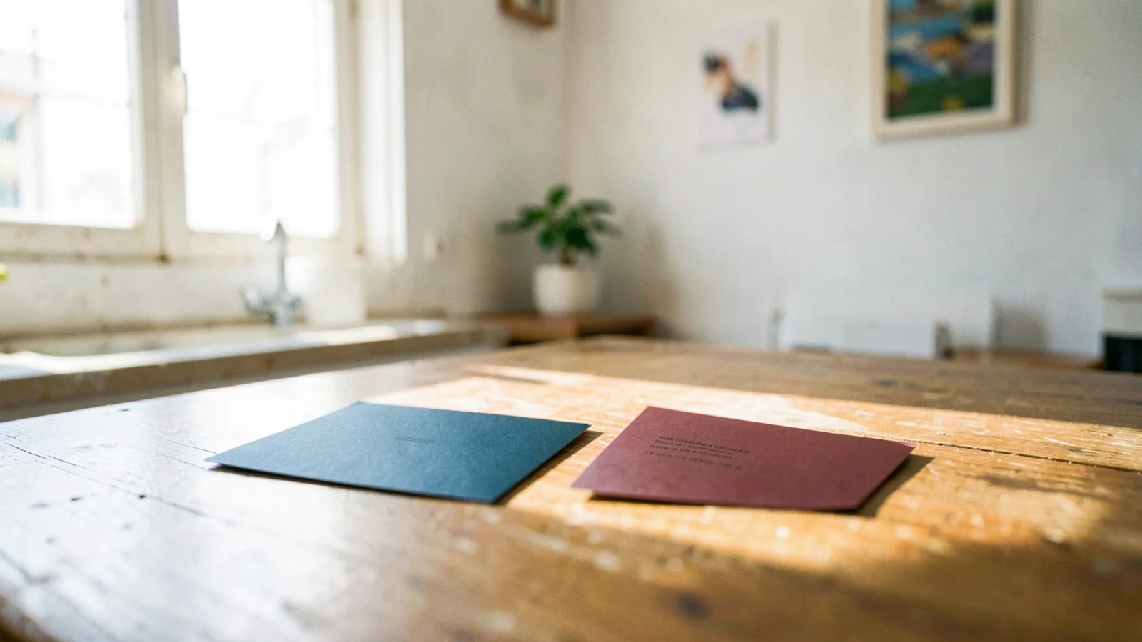 Dos tarjetas bancarias, una azul oscura y otra de tono rojizo, reposan juntas sobre una mesa de madera en una cocina luminosa.