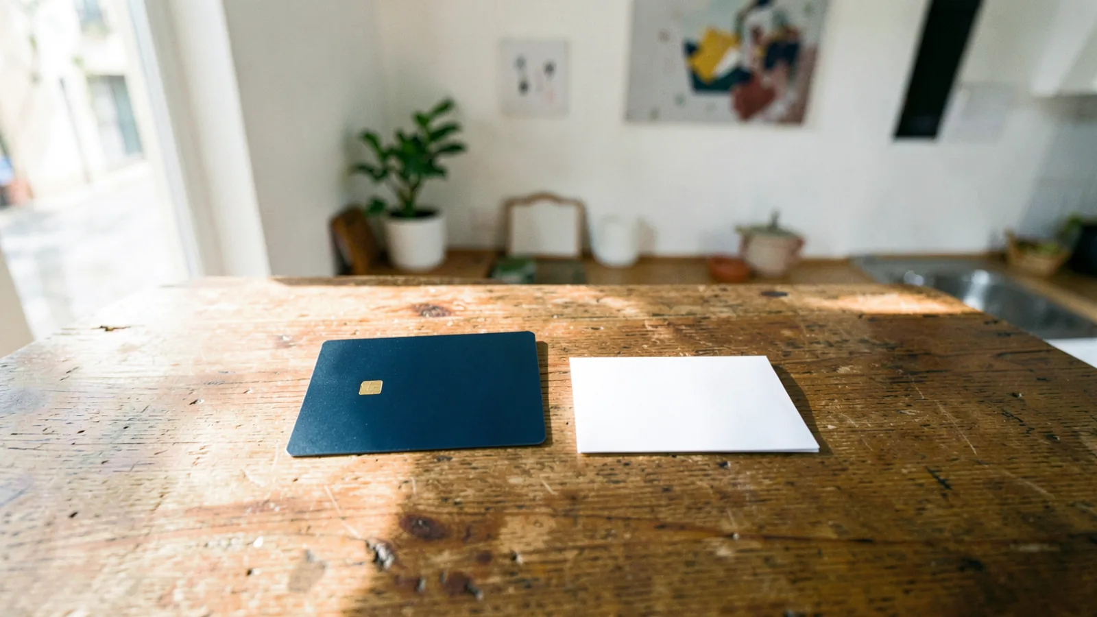 Una tarjeta bancaria azul oscura con chip dorado y un sobre blanco sin escribir reposan sobre una mesa de madera en una cocina luminosa.