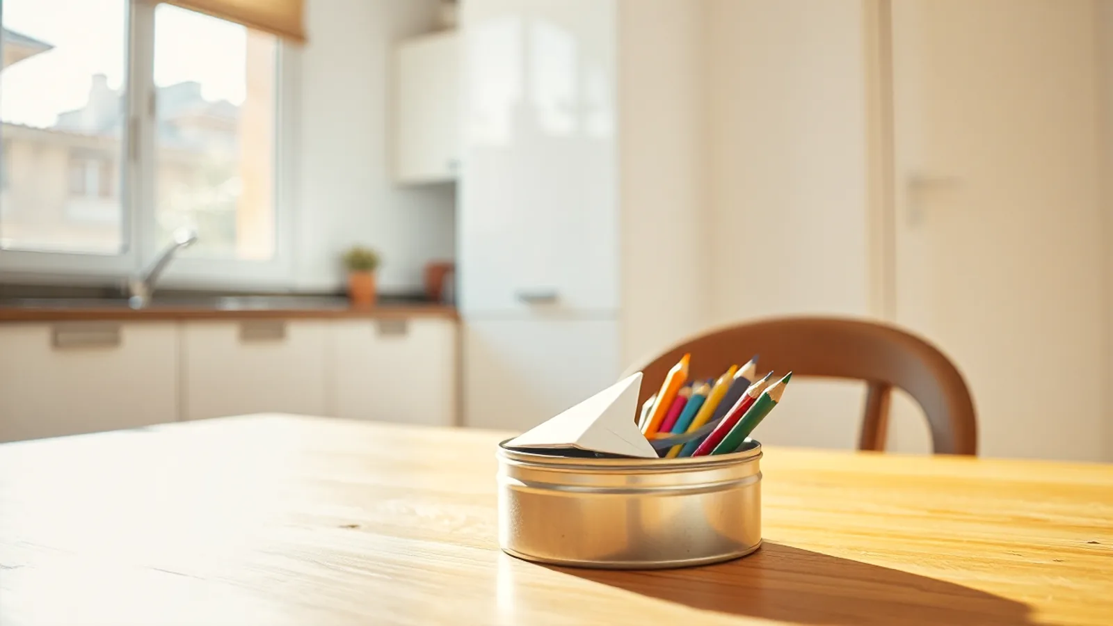 Una lata de lápices de colores y un avión de papel sobre la mesa de una cocina luminosa