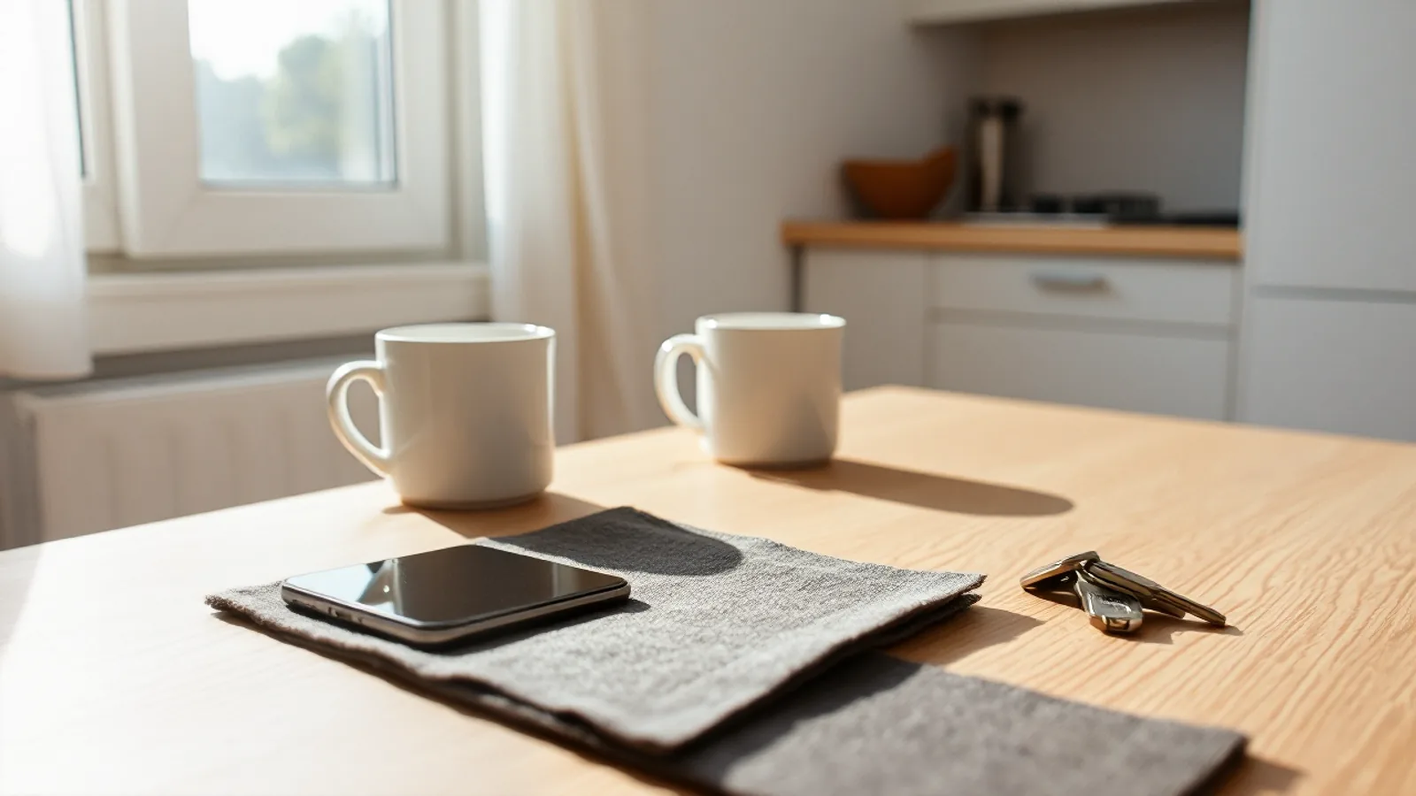 Un DNI y un teléfono móvil apagado sobre la mesa de una cocina soleada, junto a una taza de café