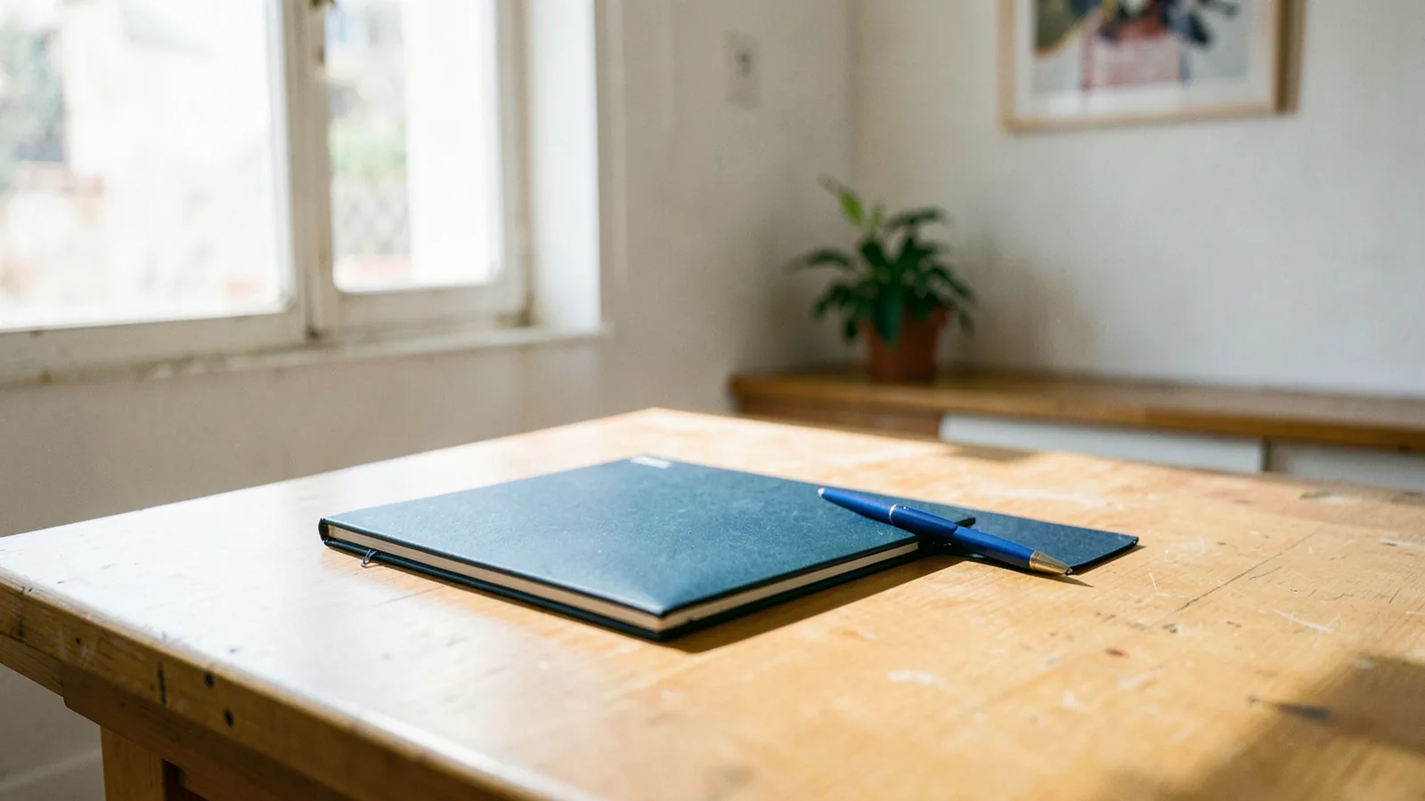 Un cuaderno cerrado de tapa azul oscuro y un bolígrafo azul apoyados en una mesa de madera clara, junto a una ventana con luz de día.