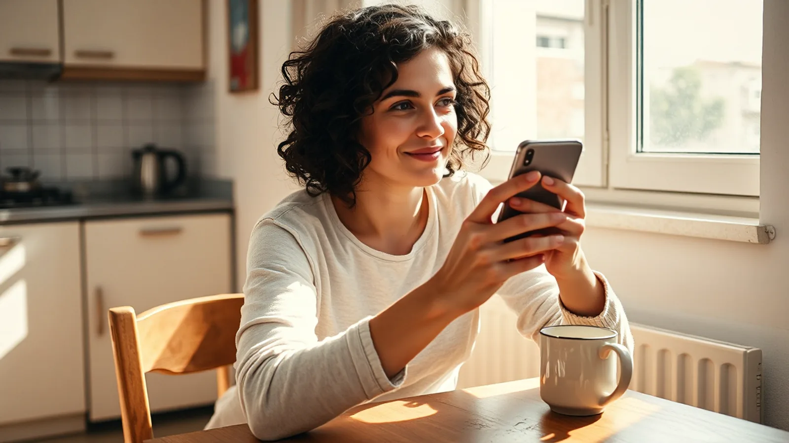 Una mujer de unos treinta años sentada a la mesa de la cocina mira el móvil con media sonrisa de duda, con una taza de café al lado y luz de mañana entrando por la ventana