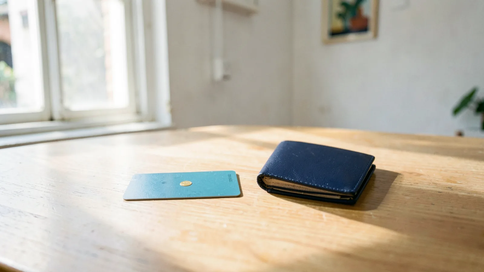 Una tarjeta bancaria azul con chip dorado sobre una mesa de madera clara junto a un pasaporte, con luz natural de viaje.