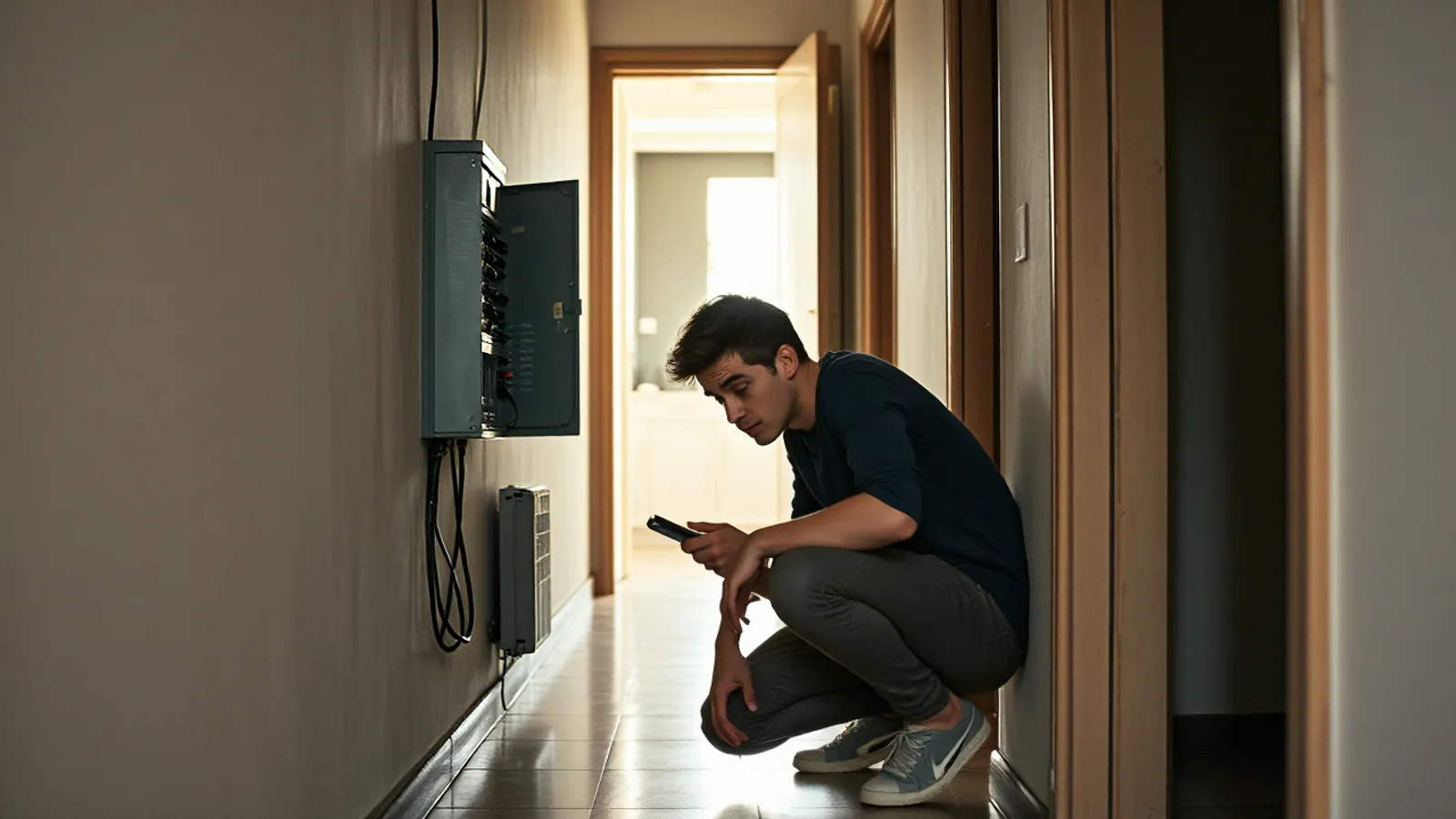 Un hombre de unos treinta y cinco años, agachado en el rellano frente al cuadro de luces abierto de su casa, mira los automáticos con gesto de estar haciendo cuentas