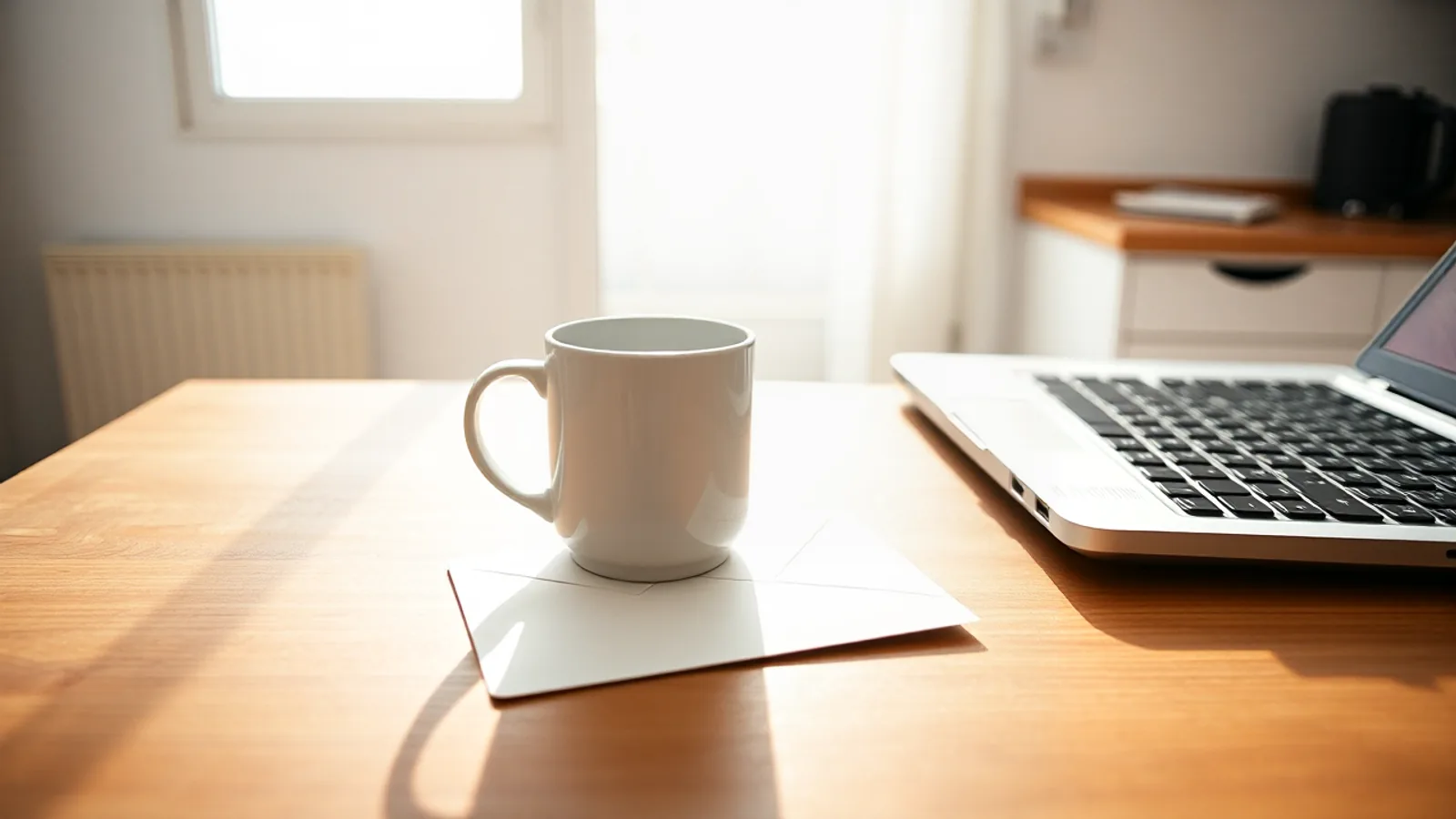 Una taza blanca apoyada sobre un sobre cerrado en una mesa de madera, junto a un portátil abierto, con luz de sol entrando por la ventana.