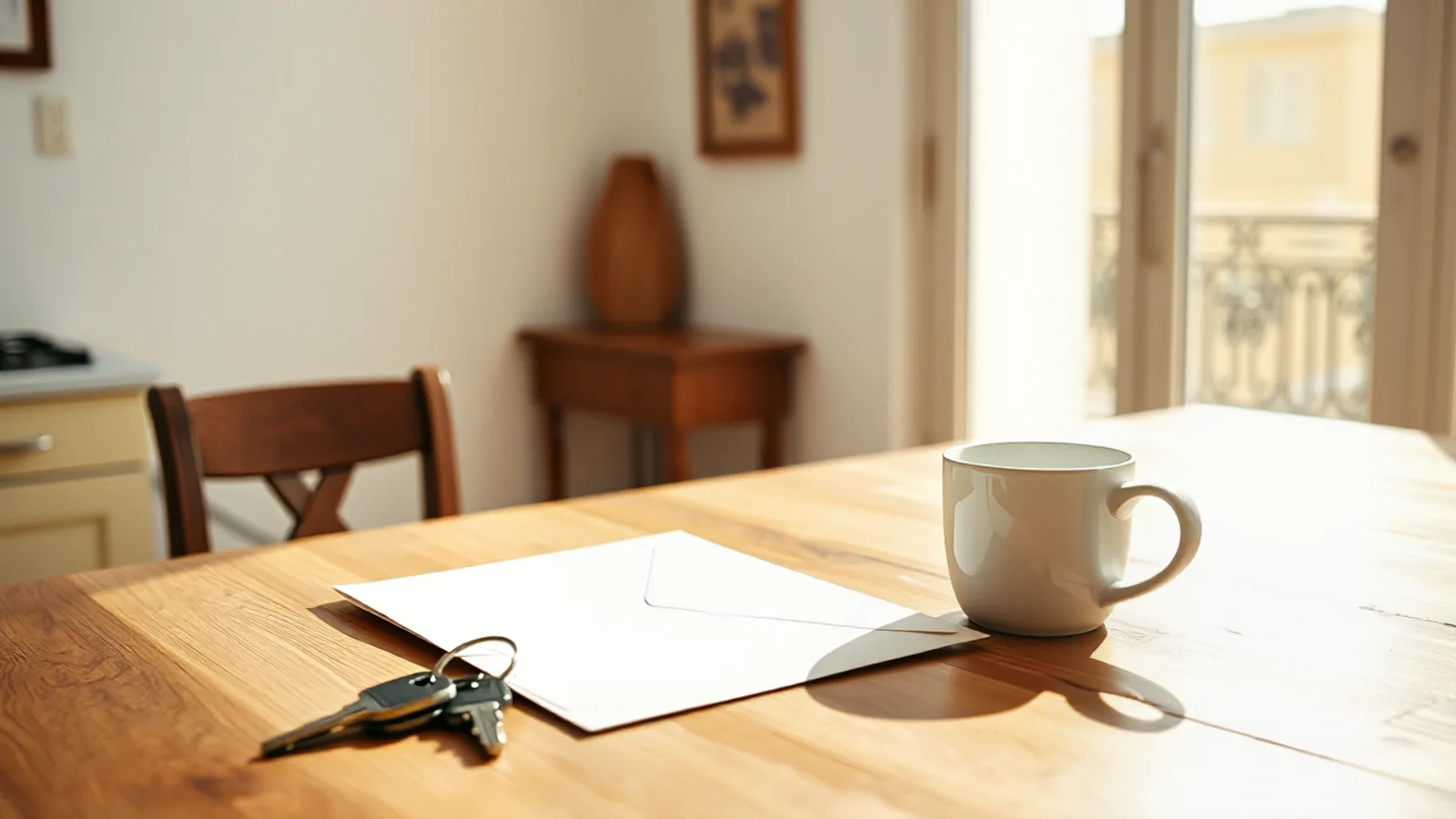 Un sobre abierto del banco y un juego de llaves sobre la mesa de una cocina con luz de mañana