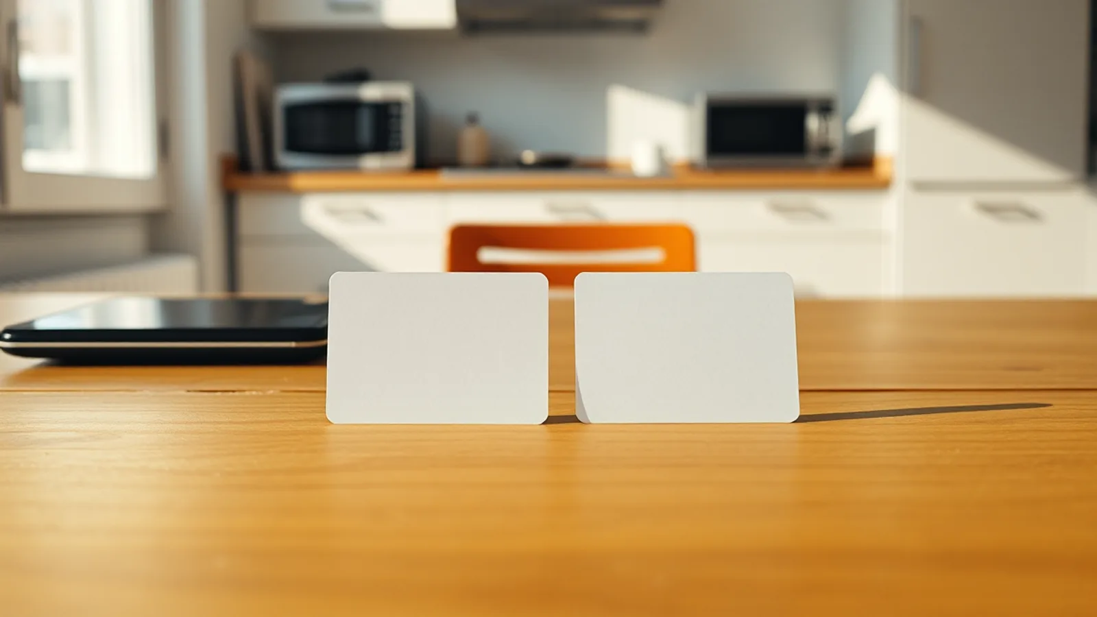 Vista cenital de dos tarjetas de débito sin marca colocadas en paralelo sobre la mesa de madera de una cocina española, con luz de mañana entrando de lado