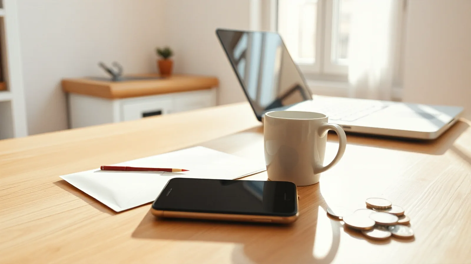 Dos sobres blancos cerrados, uno junto a otro sobre la mesa de una cocina soleada, con un móvil y una taza de café