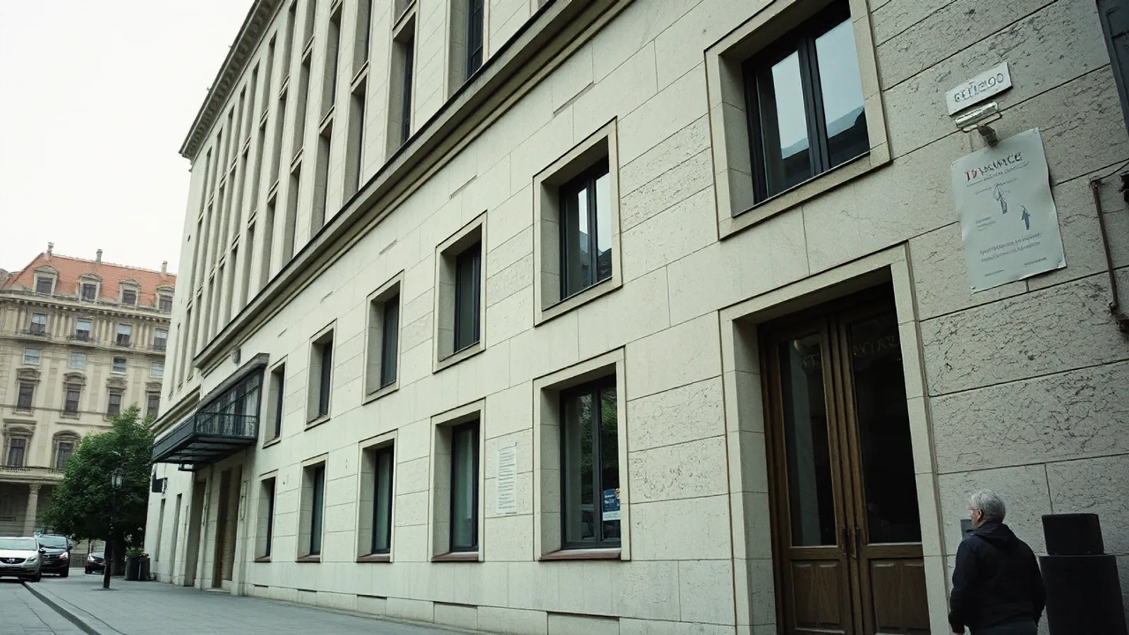 Fachada de piedra de un edificio institucional europeo vista desde abajo en un día nublado
