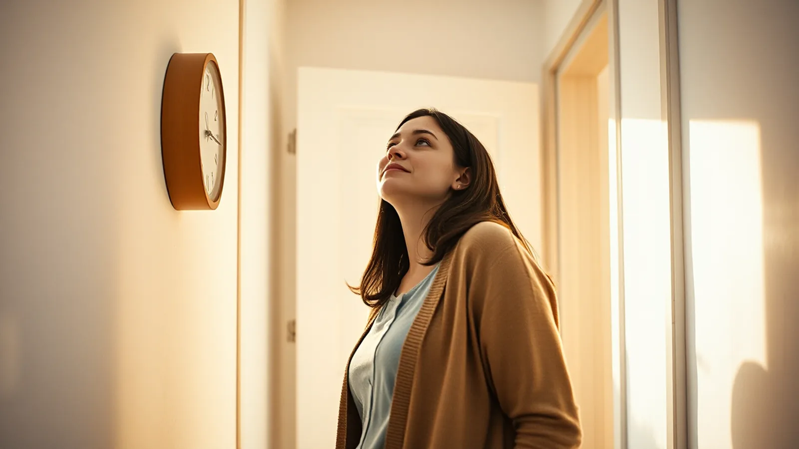 Un reloj de pared redondo colgado en la cocina de una casa española, con luz de última hora de la tarde entrando por la ventana