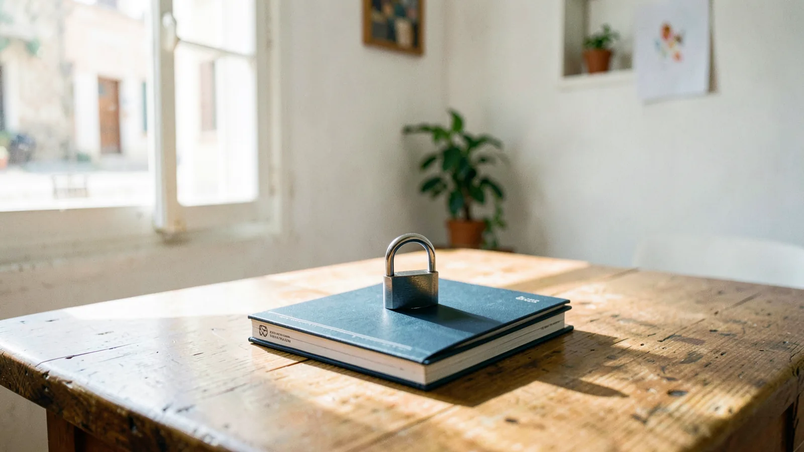 Un candado pequeño cerrado sobre una libreta de ahorro cerrada, encima de la mesa de madera de una cocina española soleada