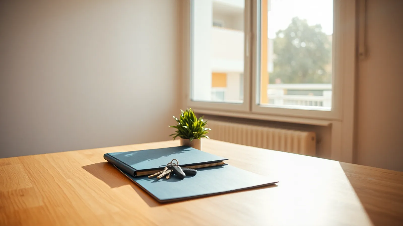 Unas llaves de casa sobre una carpeta cerrada, en una mesa de madera junto a una ventana soleada