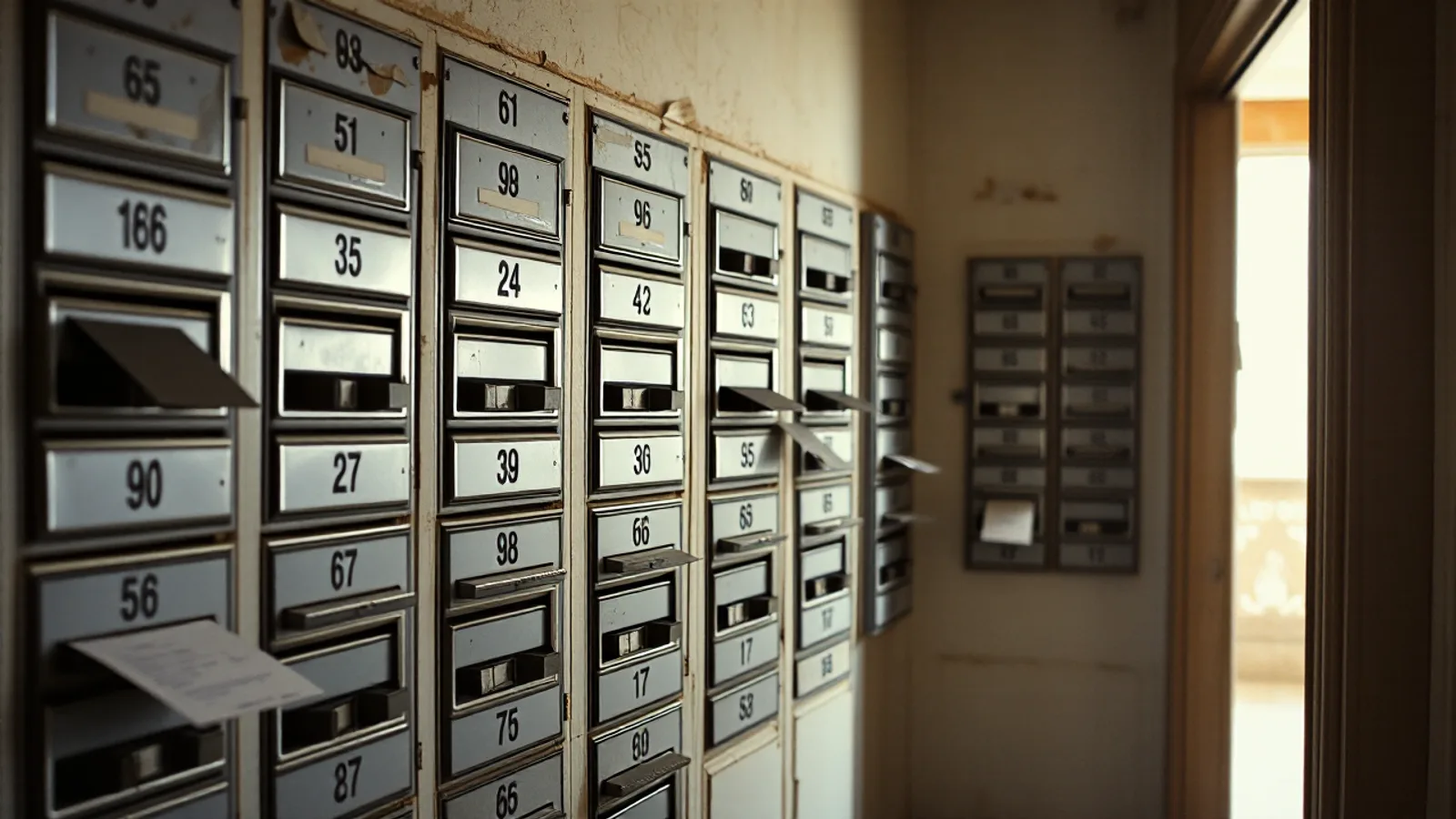 La pared de buzones del portal de un edificio antiguo, con un folleto sin abrir asomando de uno de ellos