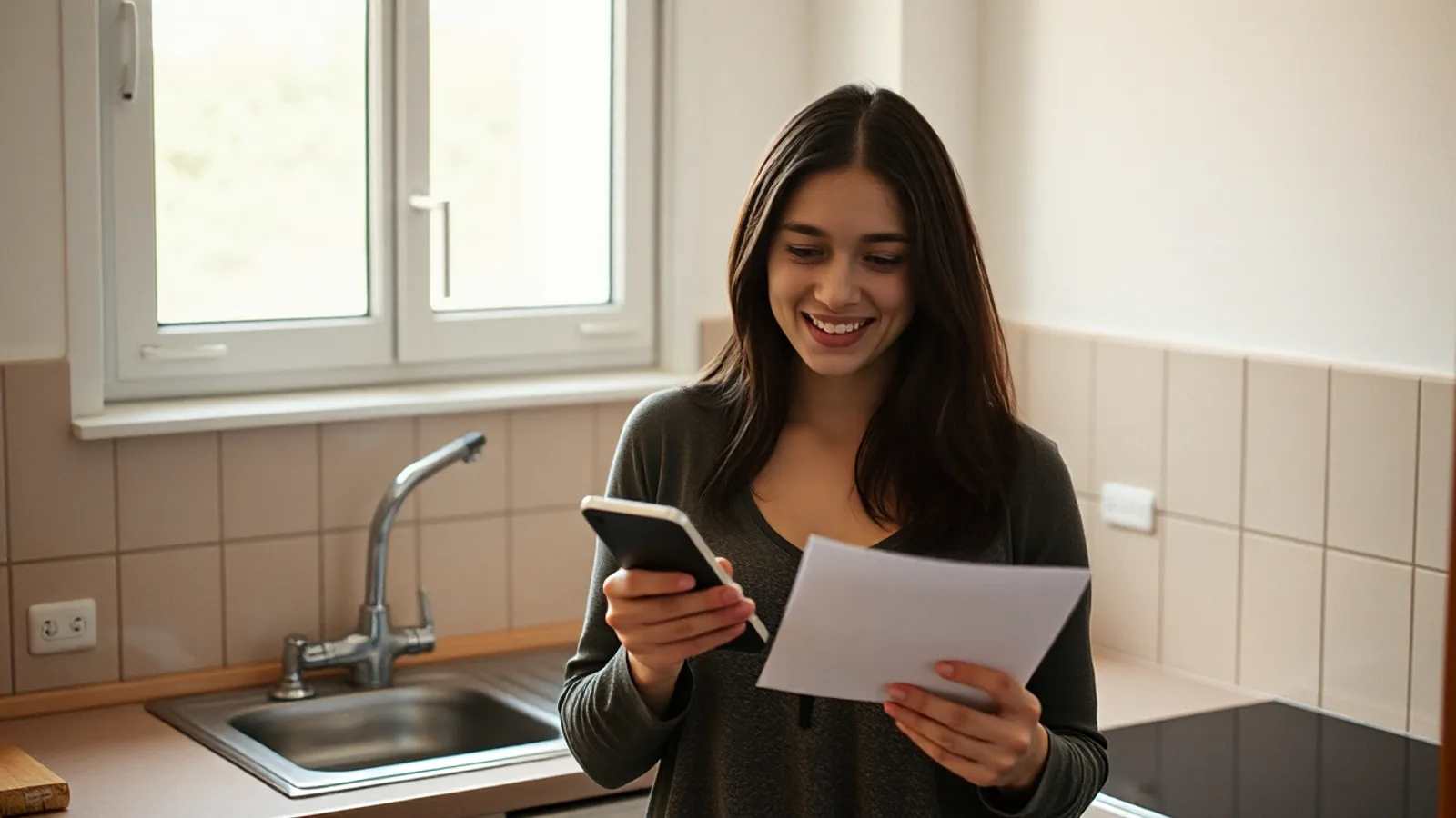 Una mujer de unos treinta y cinco años en la cocina de su piso, con el móvil en la mano y una carta doblada en la otra, con gesto de alivio