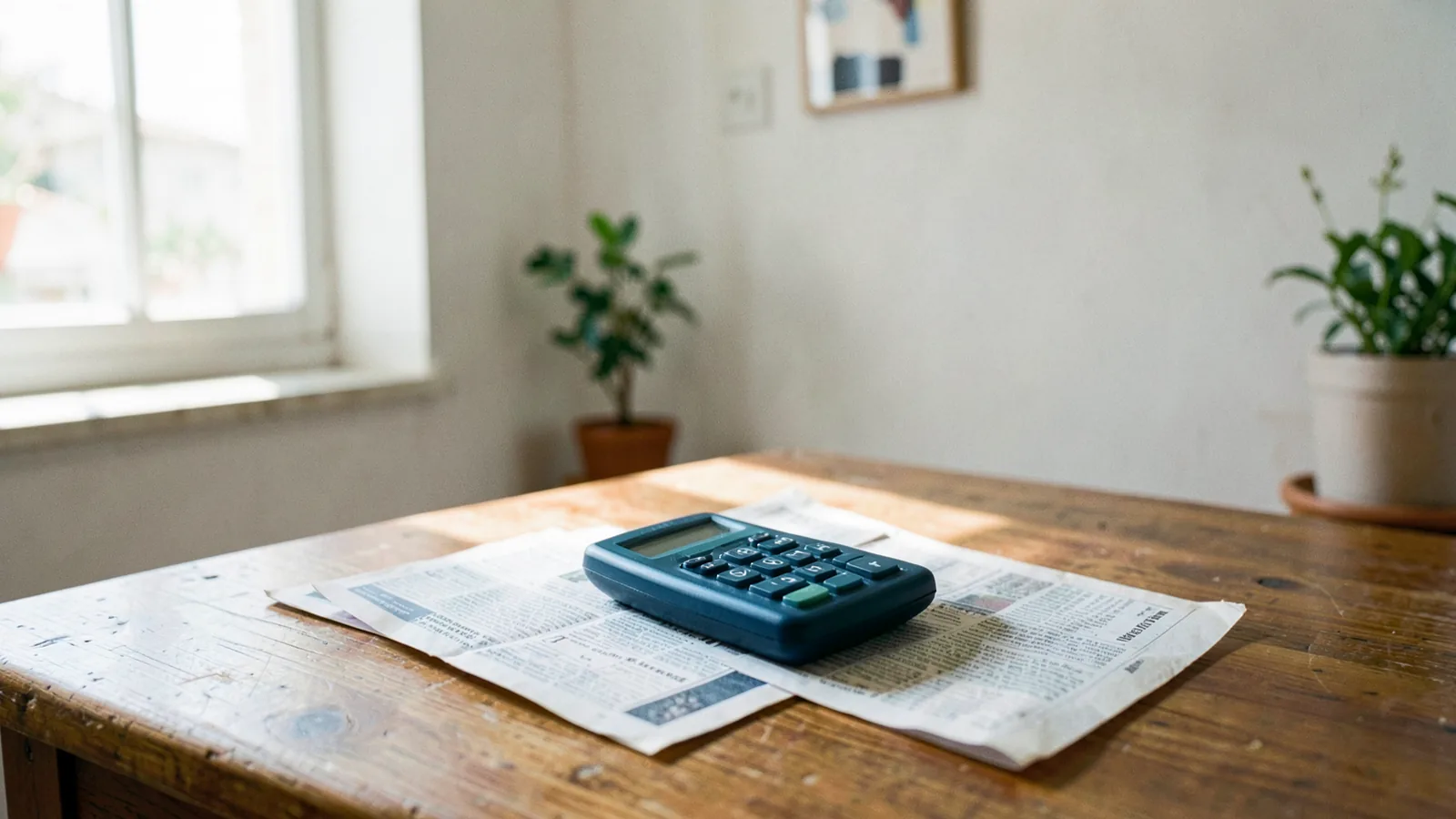 Una calculadora sobre dos facturas de luz abiertas en la mesa de una cocina, con luz de mañana