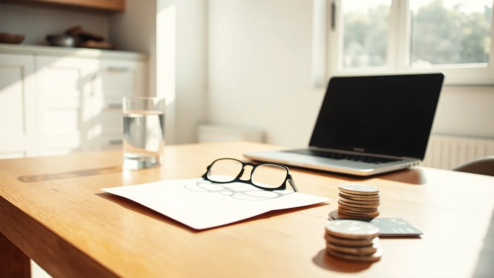 Un sobre abierto con una hoja en blanco y unas gafas encima, sobre la mesa de una cocina soleada