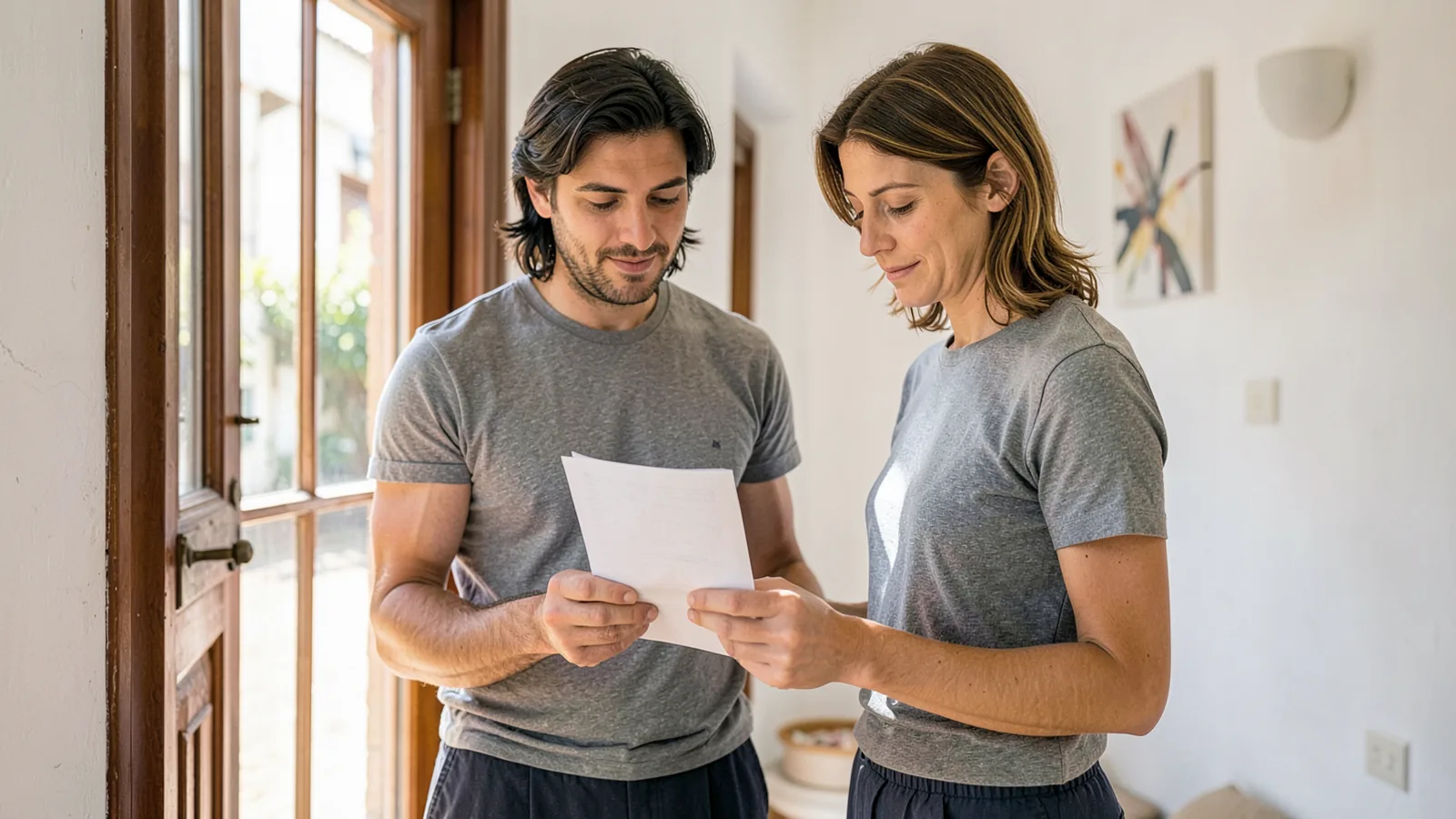 Una pareja de unos treinta años de pie frente a una casa, mirando unos papeles juntos con gesto de estar decidiendo algo