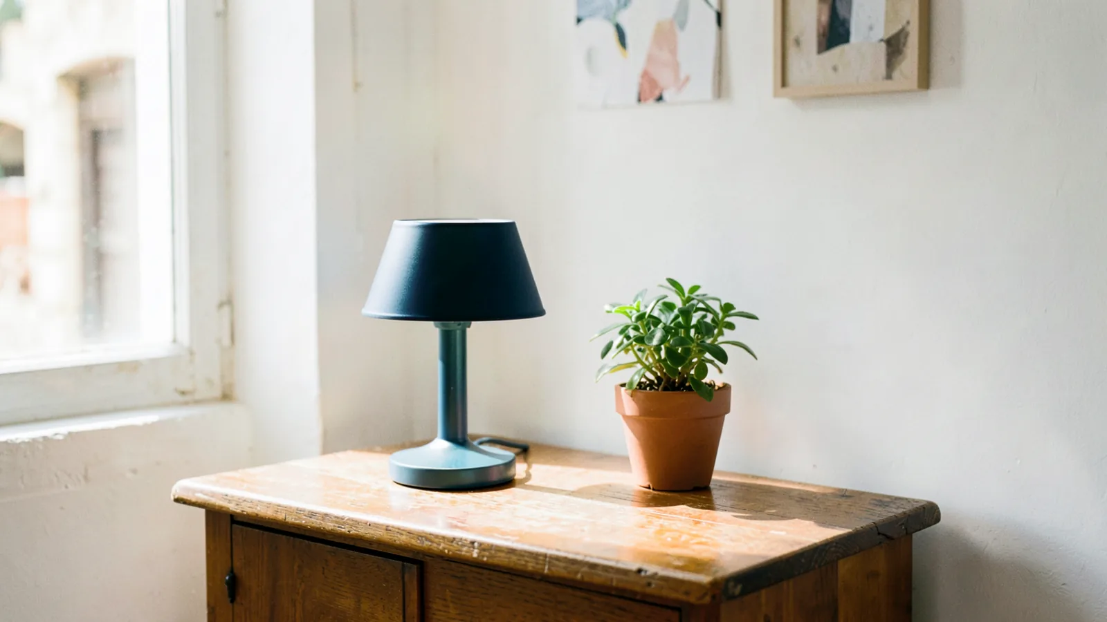 Una pequeña lámpara de mesa azul sobre una cómoda de madera, junto a una planta en maceta de barro, en un salón blanco con luz de ventana.