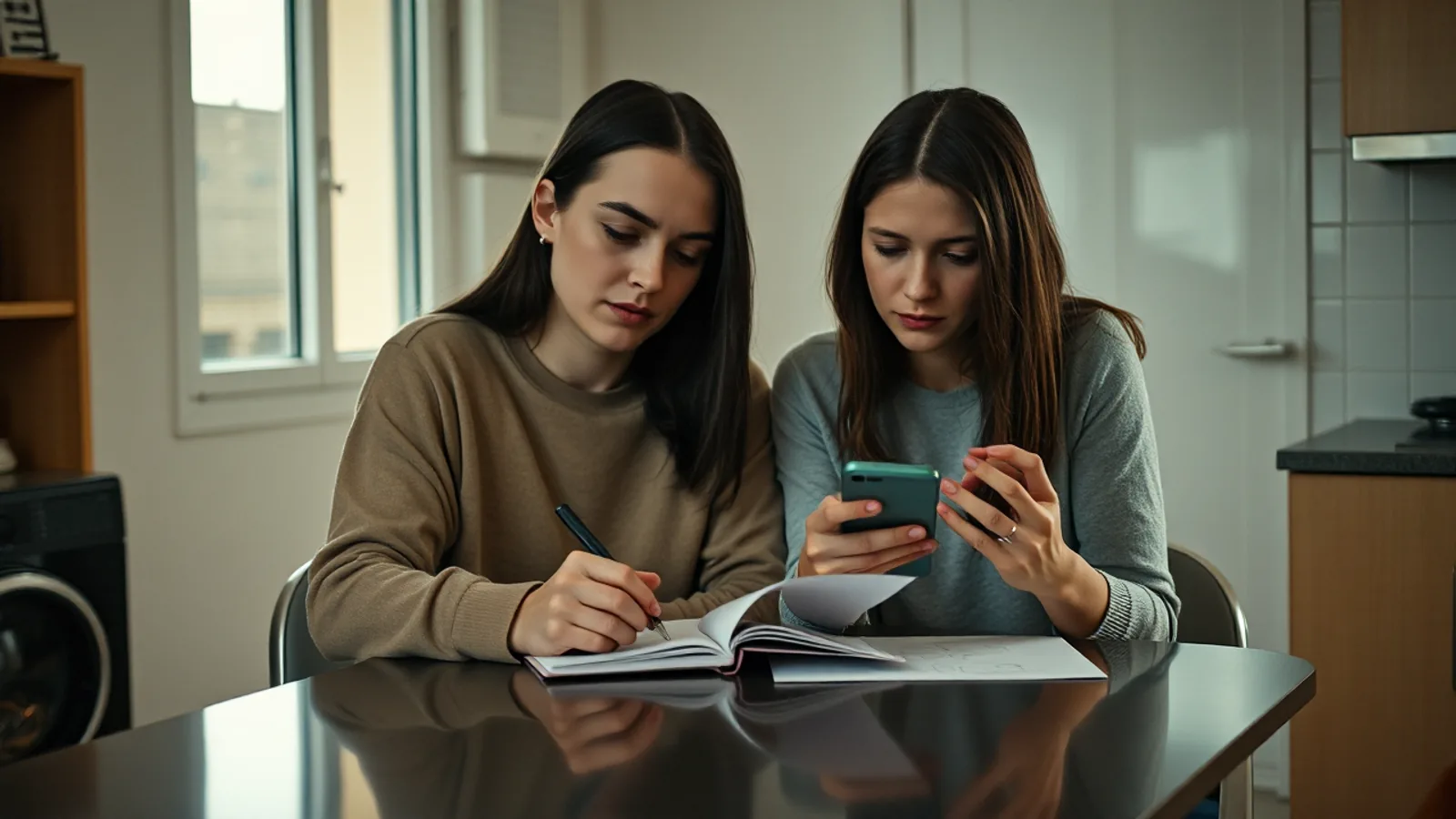 Una pareja joven hace cuentas a la mesa de la cocina con una libreta y la calculadora del móvil