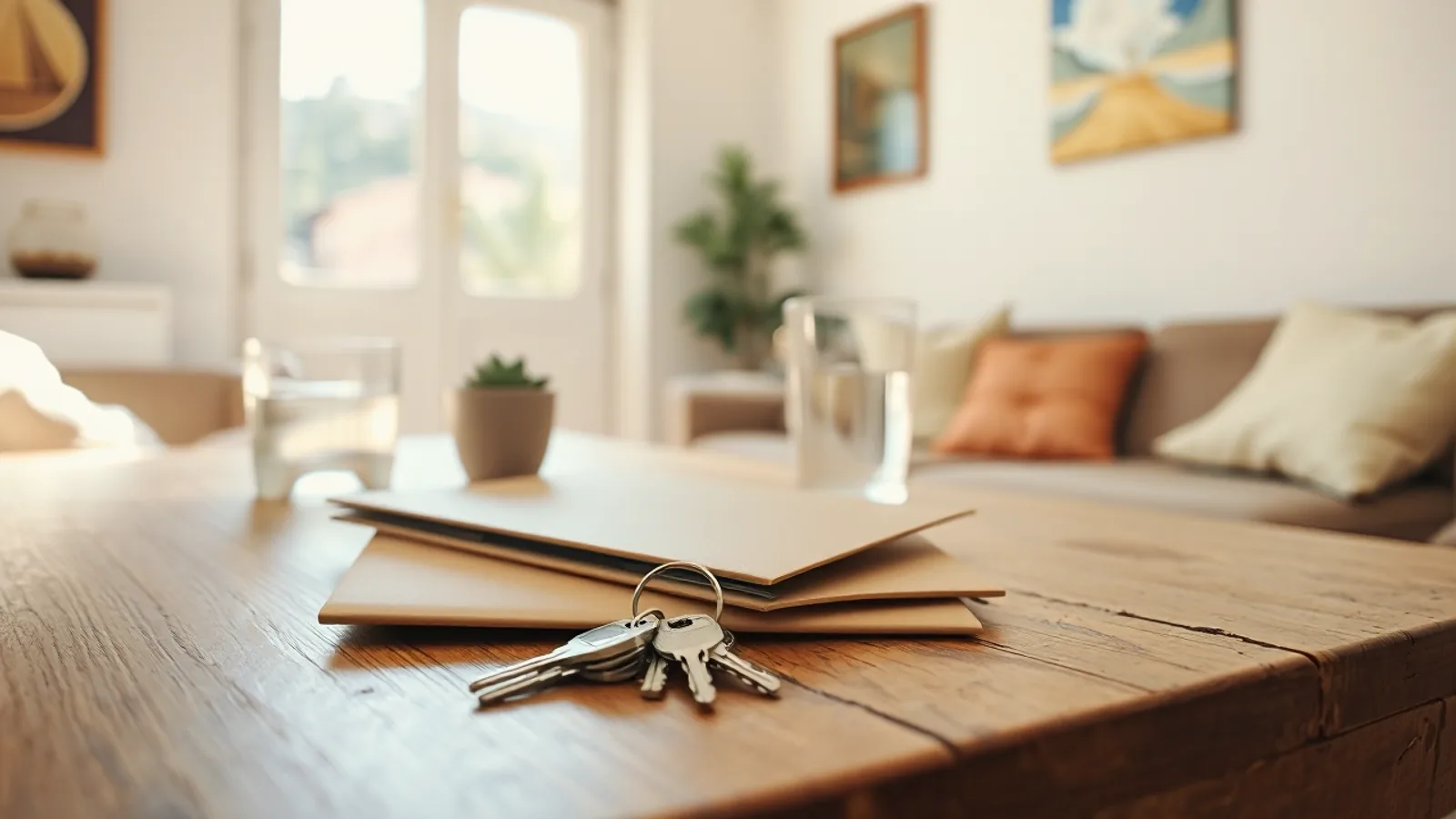 Un llavero de casa y una carpeta cerrada sobre la mesa de madera de un salón, con la luz de la mañana entrando por la ventana