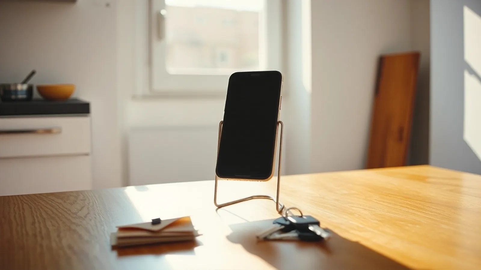 Un móvil apoyado en un soporte sobre la mesa de una cocina, junto a un sobre de papel cerrado y un juego de llaves, con luz de mañana entrando por la ventana