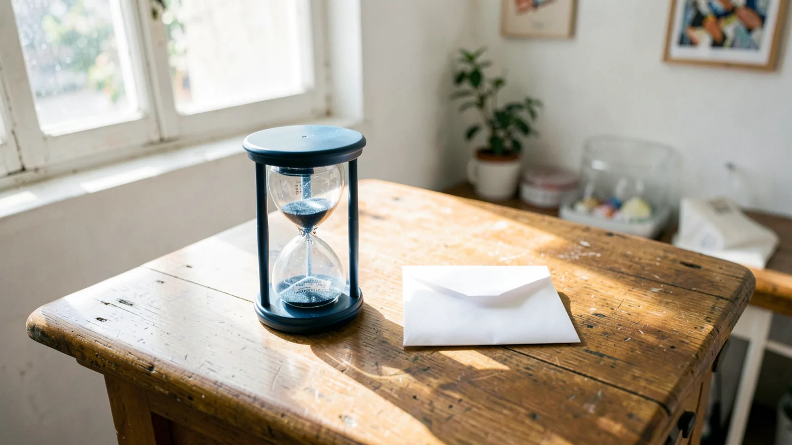 Un reloj de arena de base azul oscuro y un sobre blanco cerrado sobre una mesa de madera gastada, junto a una ventana con luz de día.