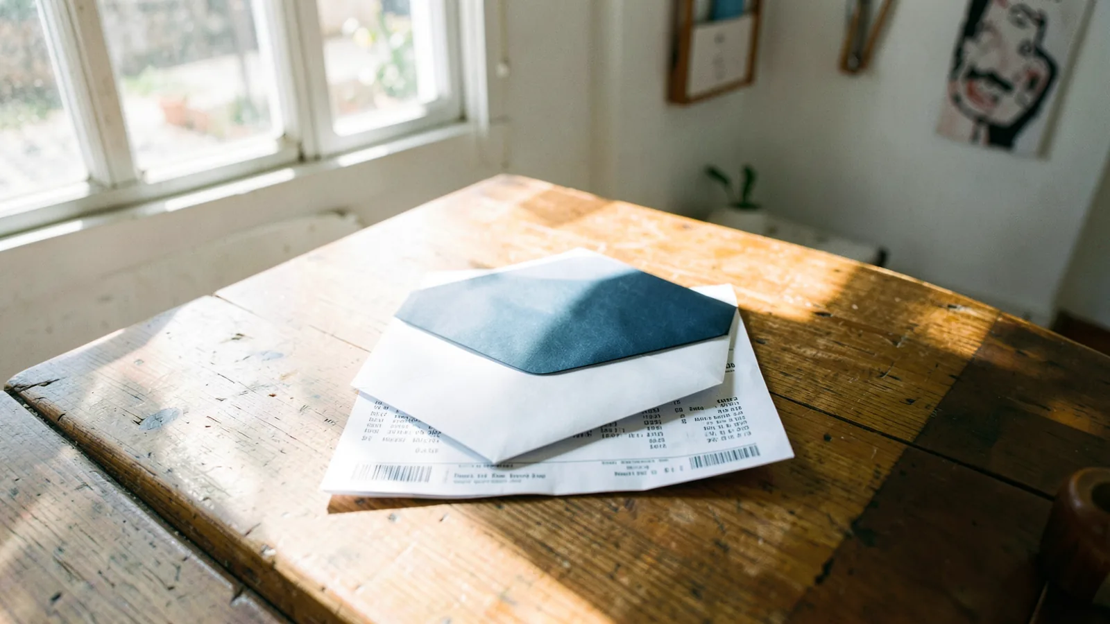 Un sobre blanco con el interior azul descansa sobre un documento impreso, en una mesa de madera junto a una ventana soleada.