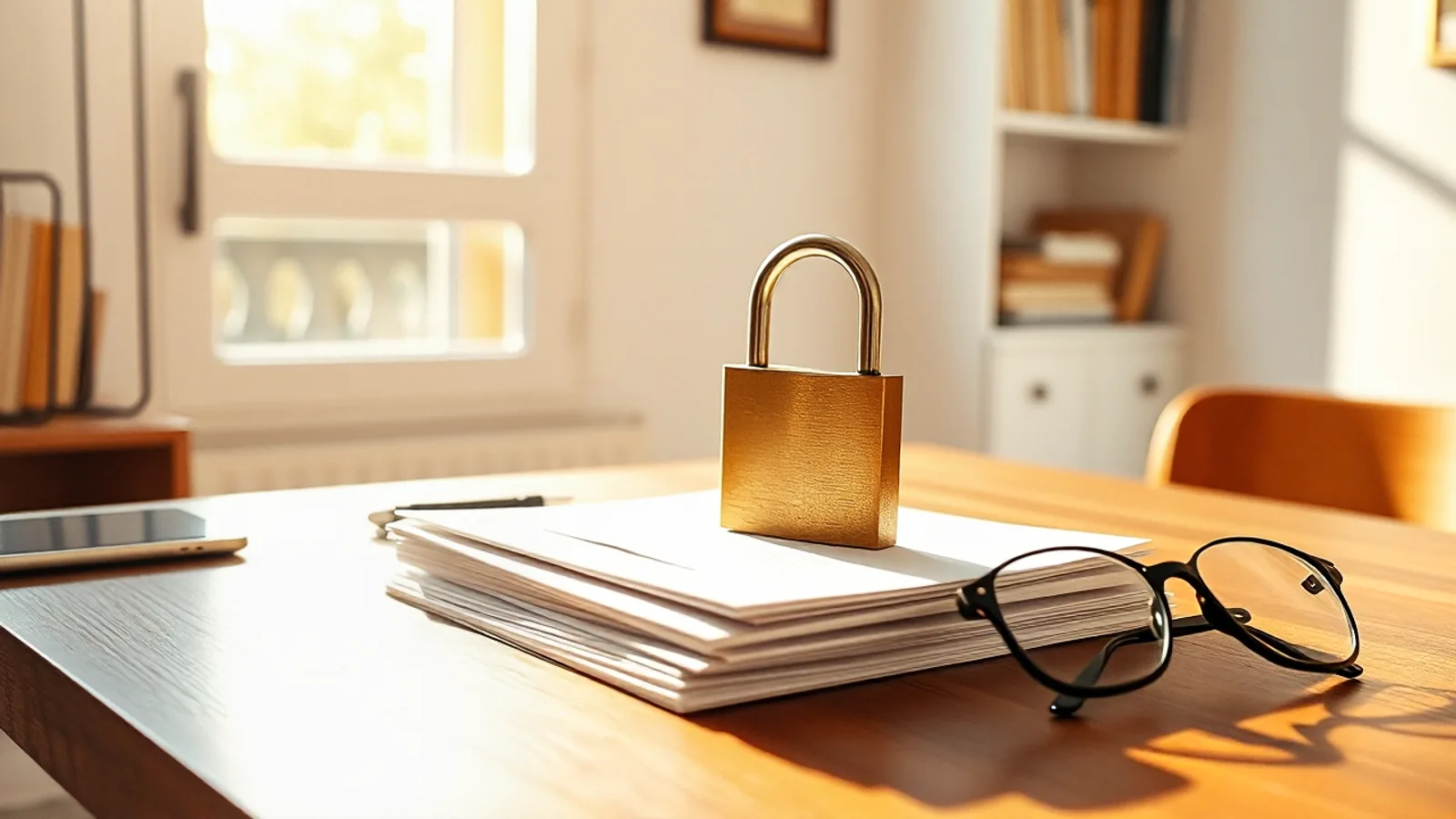 Un candado de latón cerrado sobre una pila de documentos en un escritorio de madera, con unas gafas de lectura al lado, iluminado por luz de mañana