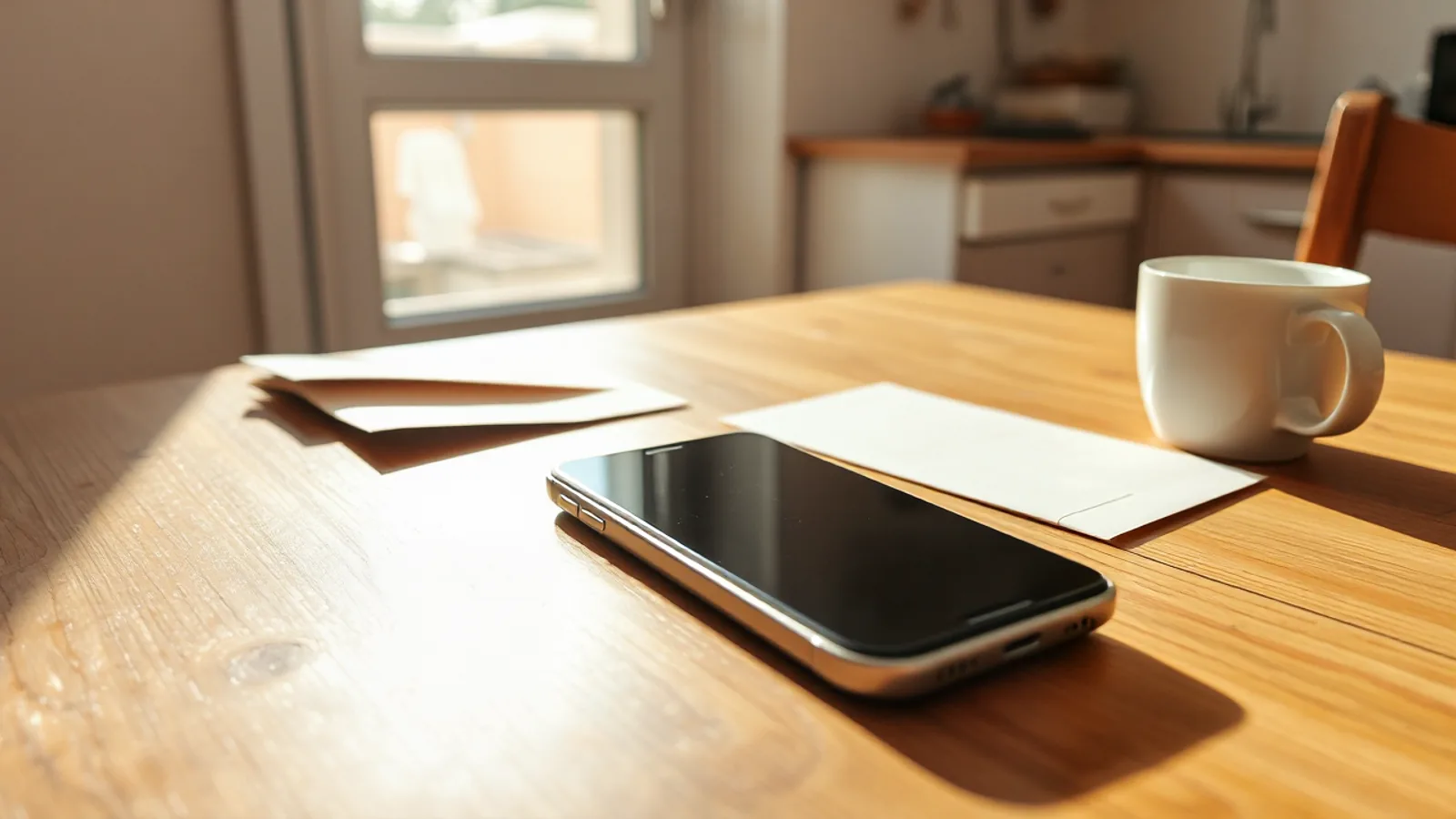 Un móvil apagado sobre la mesa de una cocina, junto a un sobre de papel abierto y una taza de café, con luz de mañana entrando por la ventana
