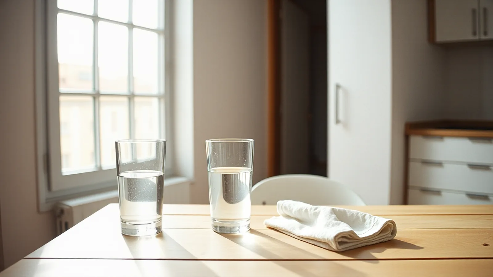 Dos vasos de cristal iguales sobre la mesa de una cocina soleada, uno lleno hasta arriba y el otro por la mitad
