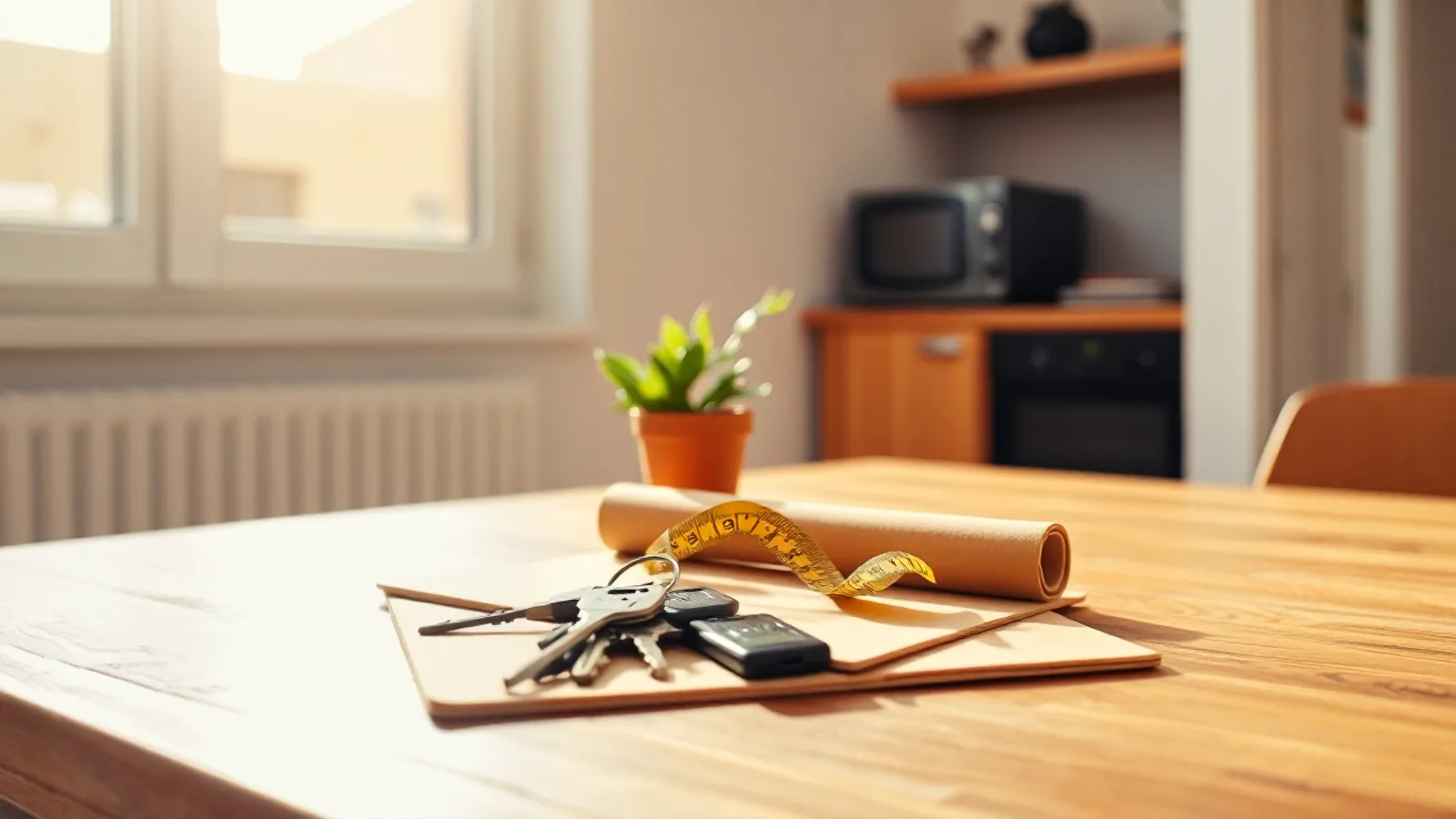 Unas llaves de casa encima de una carpeta cerrada sobre la mesa de una cocina luminosa, junto a un metro de obra enrollado