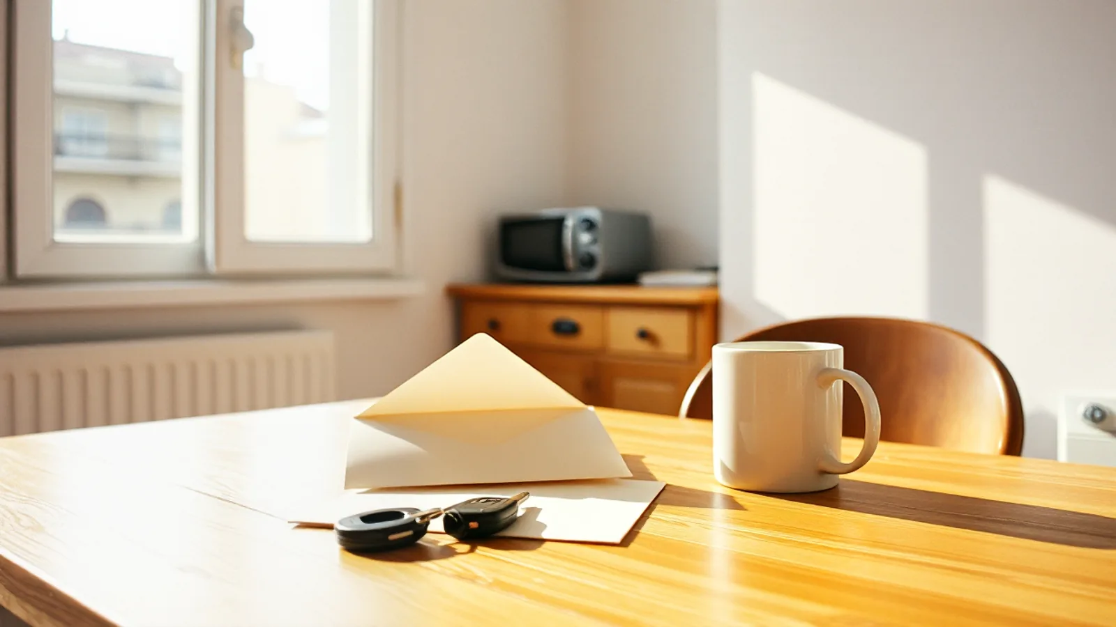 Un sobre abierto con una carta de reclamación de deuda sobre la mesa de una cocina, junto a unas llaves de coche y una taza