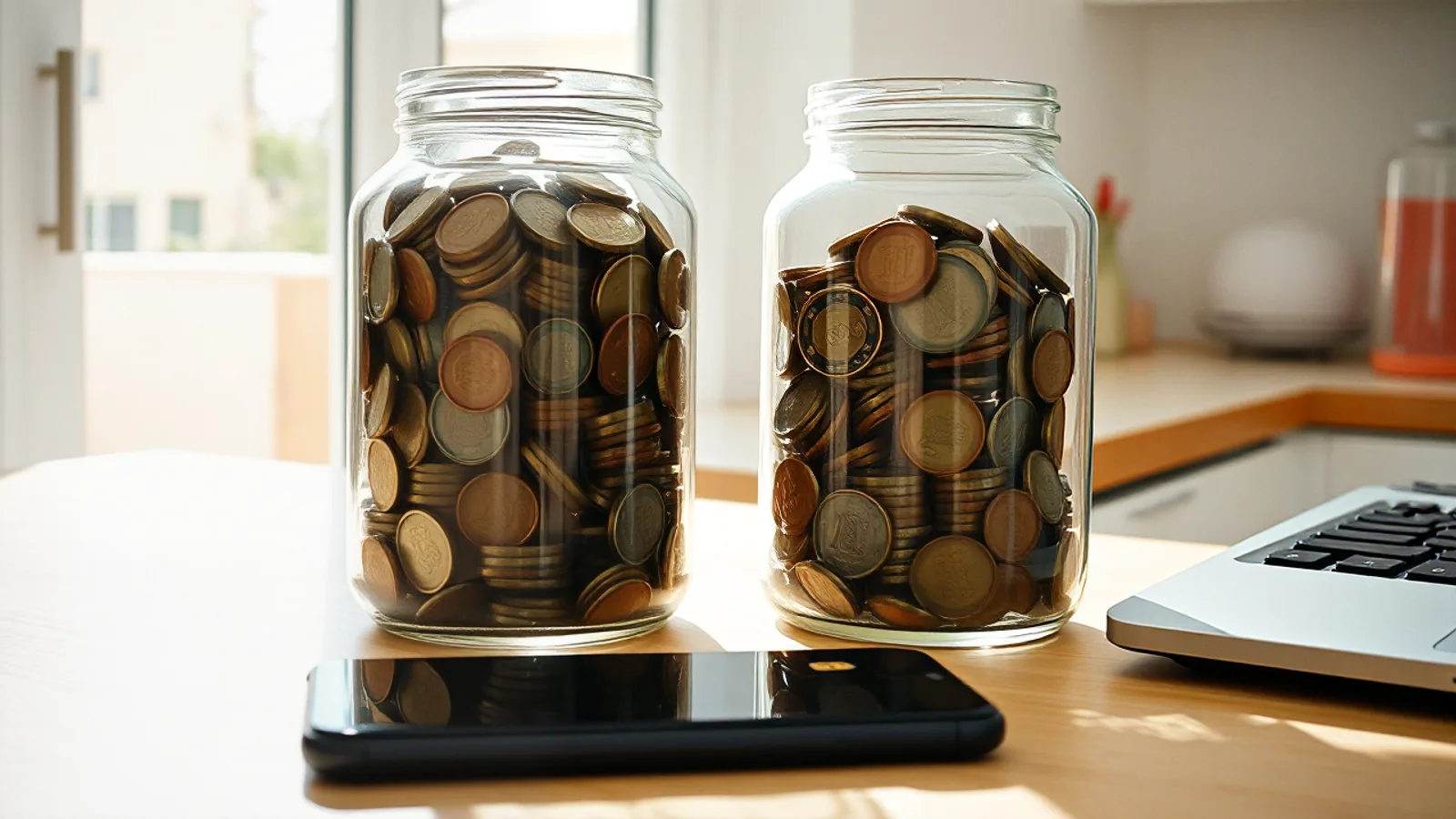 Dos tarros de cristal idénticos con monedas dentro sobre la encimera de una cocina, con luz de mañana entrando por la ventana