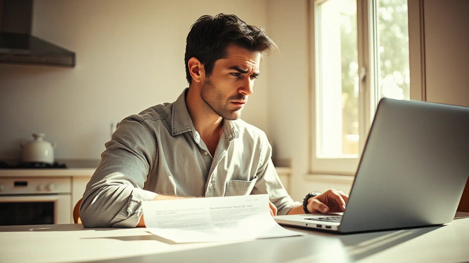 Un hombre de unos treinta y cinco años mira de perfil, con el ceño fruncido, una carta de un banco que no reconoce sobre la mesa de su cocina