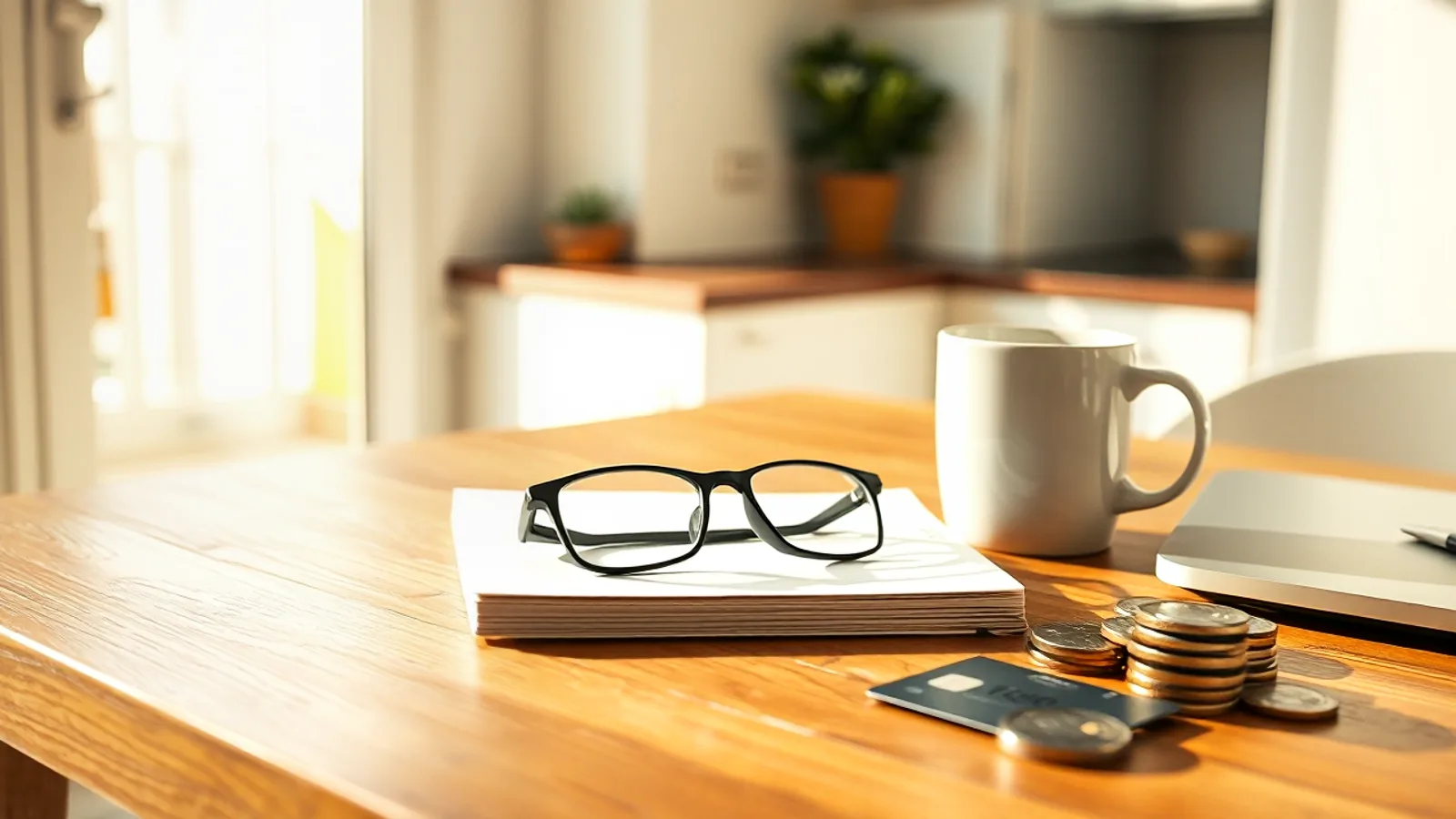 Unas gafas de leer apoyadas sobre una libreta cerrada en la mesa de madera de una cocina luminosa