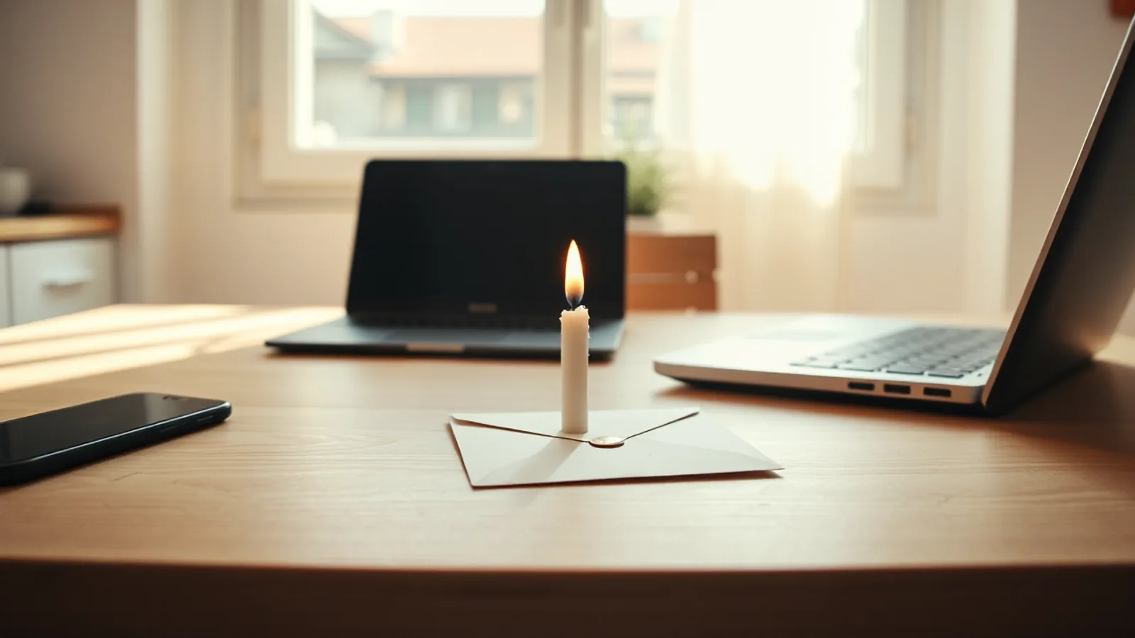 Una vela blanca encendida apoyada sobre un sobre de papel cerrado en una mesa de madera, con dos portátiles y un móvil al fondo junto a una ventana soleada.