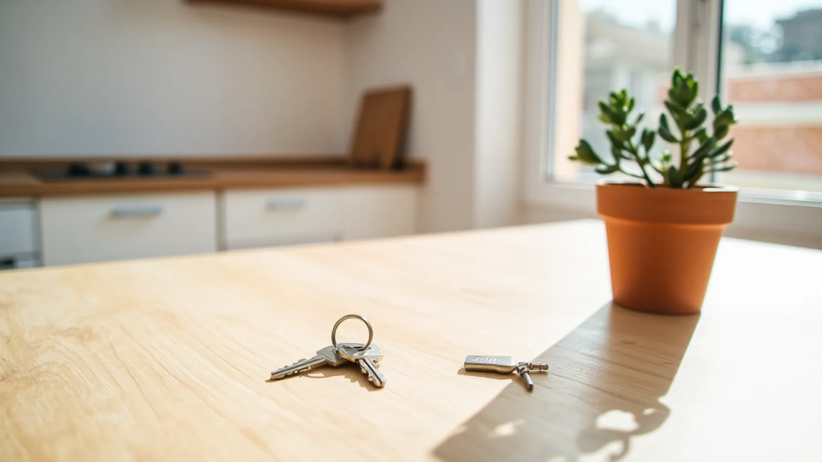Unas llaves de casa junto a una planta en su maceta sobre la mesa de una cocina soleada