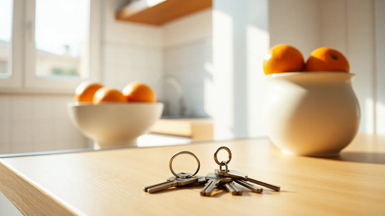 Unas llaves de casa sobre la encimera de una cocina soleada, junto a un frutero