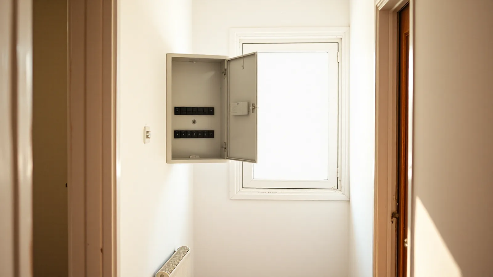 Un cuadro eléctrico abierto en el recibidor de un piso, con el magnetotérmico a la vista y la luz de la mañana entrando por la puerta