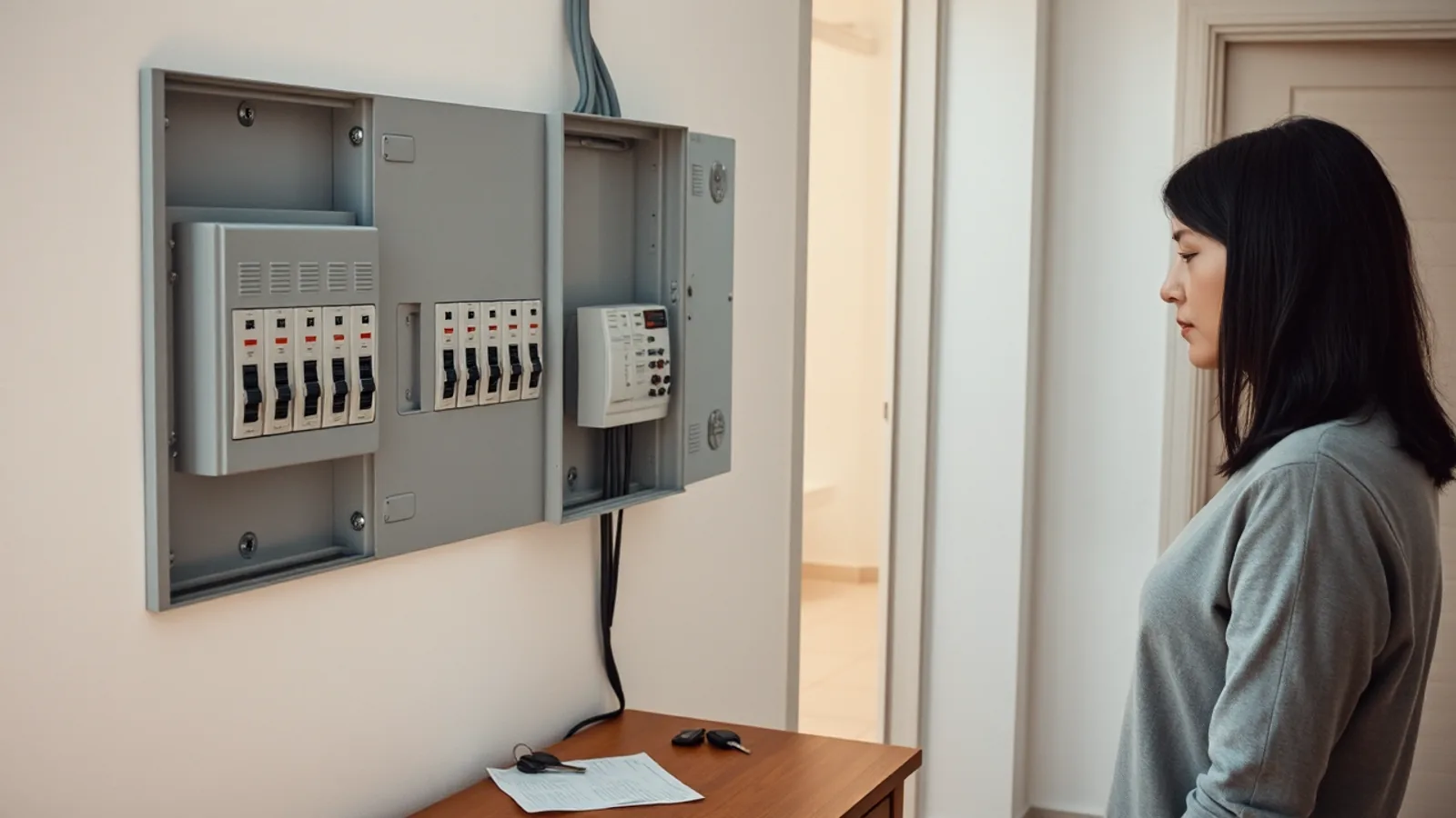 Un cuadro de luz abierto en el recibidor de un piso y una factura de la luz doblada sobre el mueble de la entrada