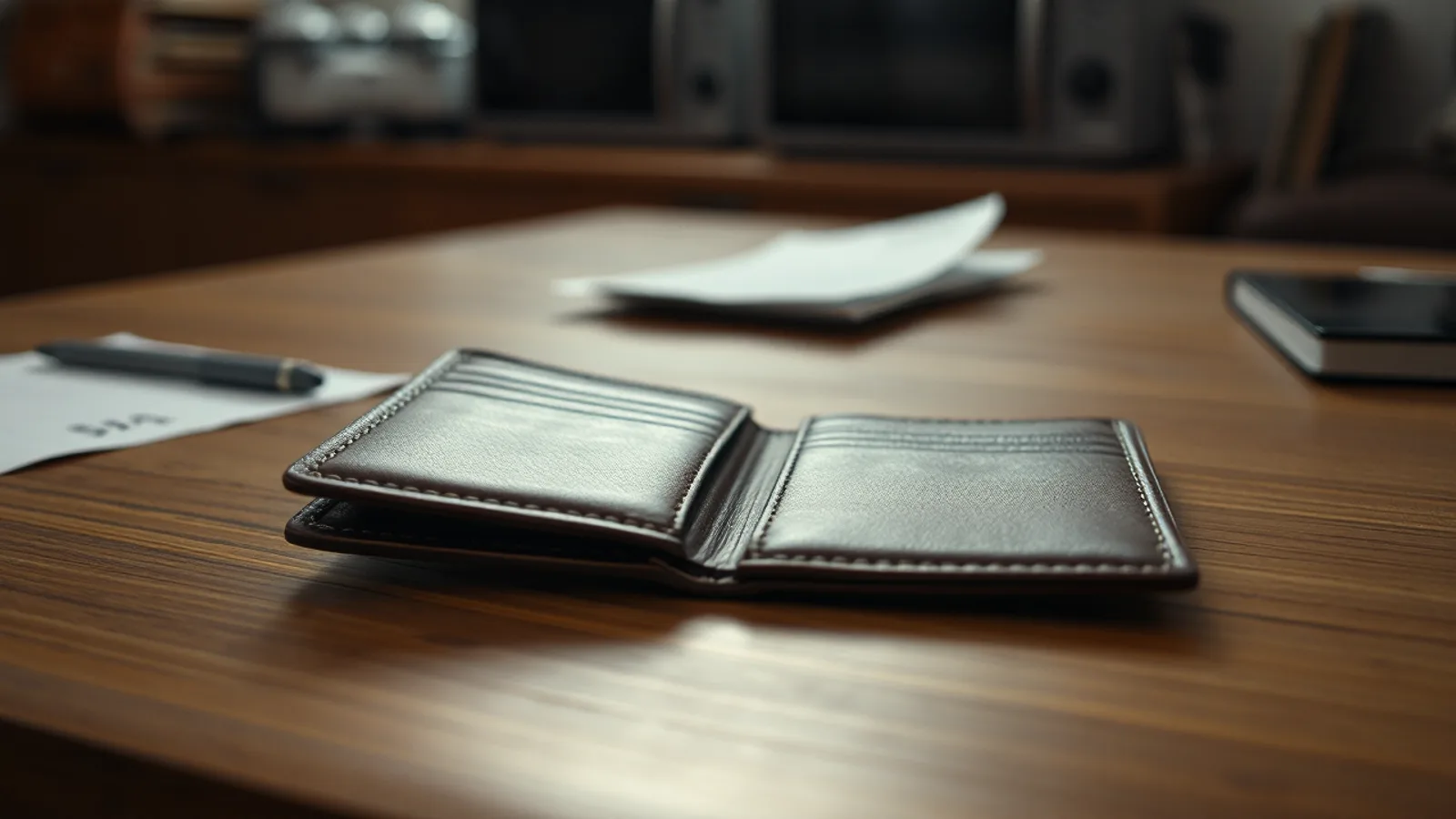 Una cartera de piel gastada, abierta y vacía, sobre una mesa de madera