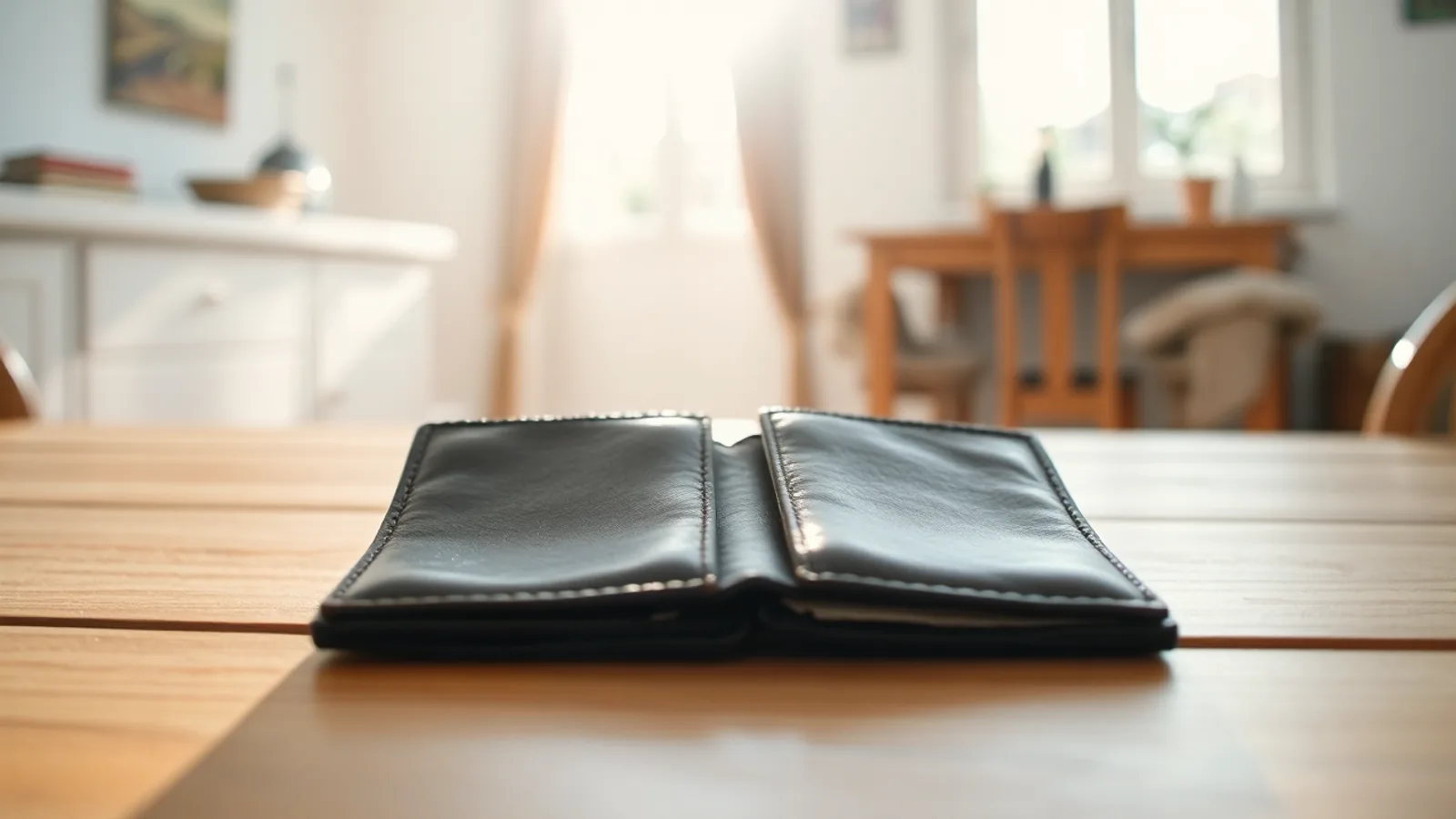 Una cartera de piel gastada, abierta y vacía, sobre una mesa de madera