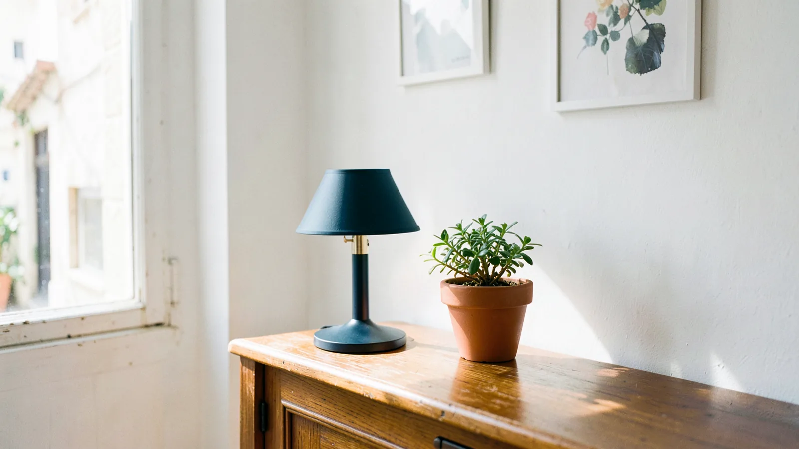 Una lámpara de mesa con pantalla azul oscuro y una planta en maceta de barro sobre un aparador de madera junto a una ventana luminosa.