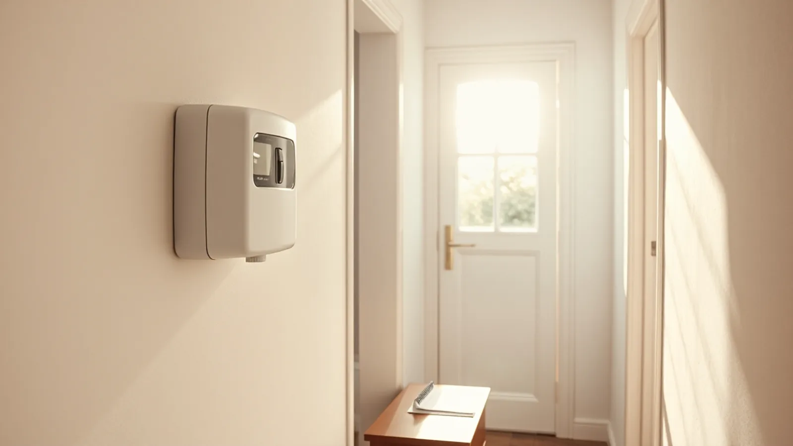 Un contador eléctrico moderno en la pared de un recibidor con luz de mañana entrando por la puerta