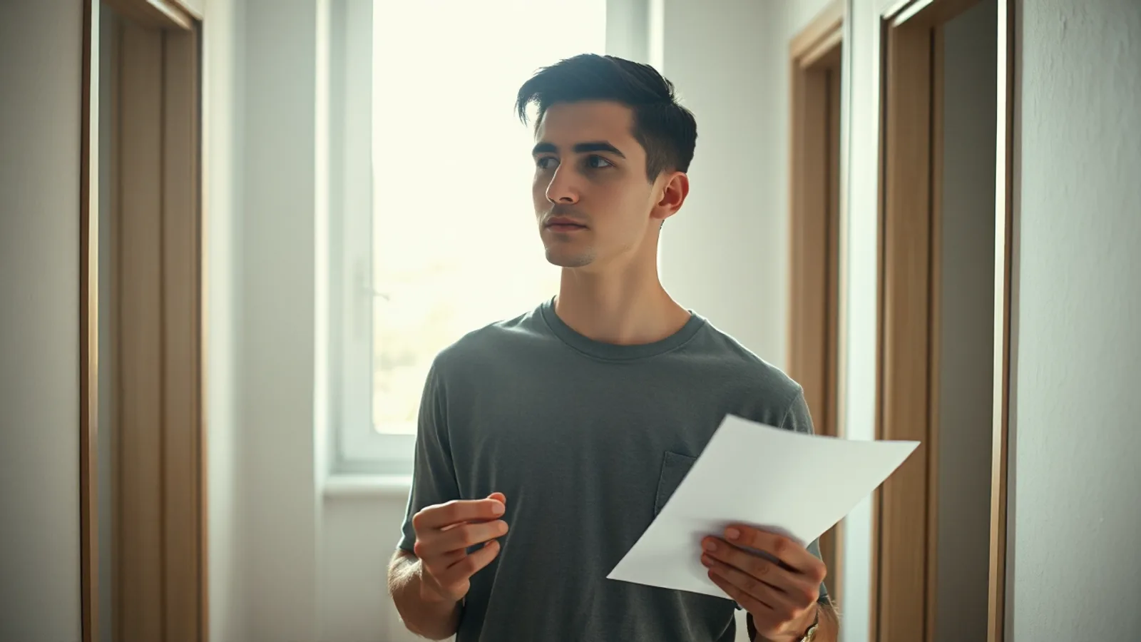 Un hombre de unos treinta años, de pie en el recibidor de su casa, sostiene una carta abierta y mira a un lado con gesto de estar decidiendo qué hacer a continuación