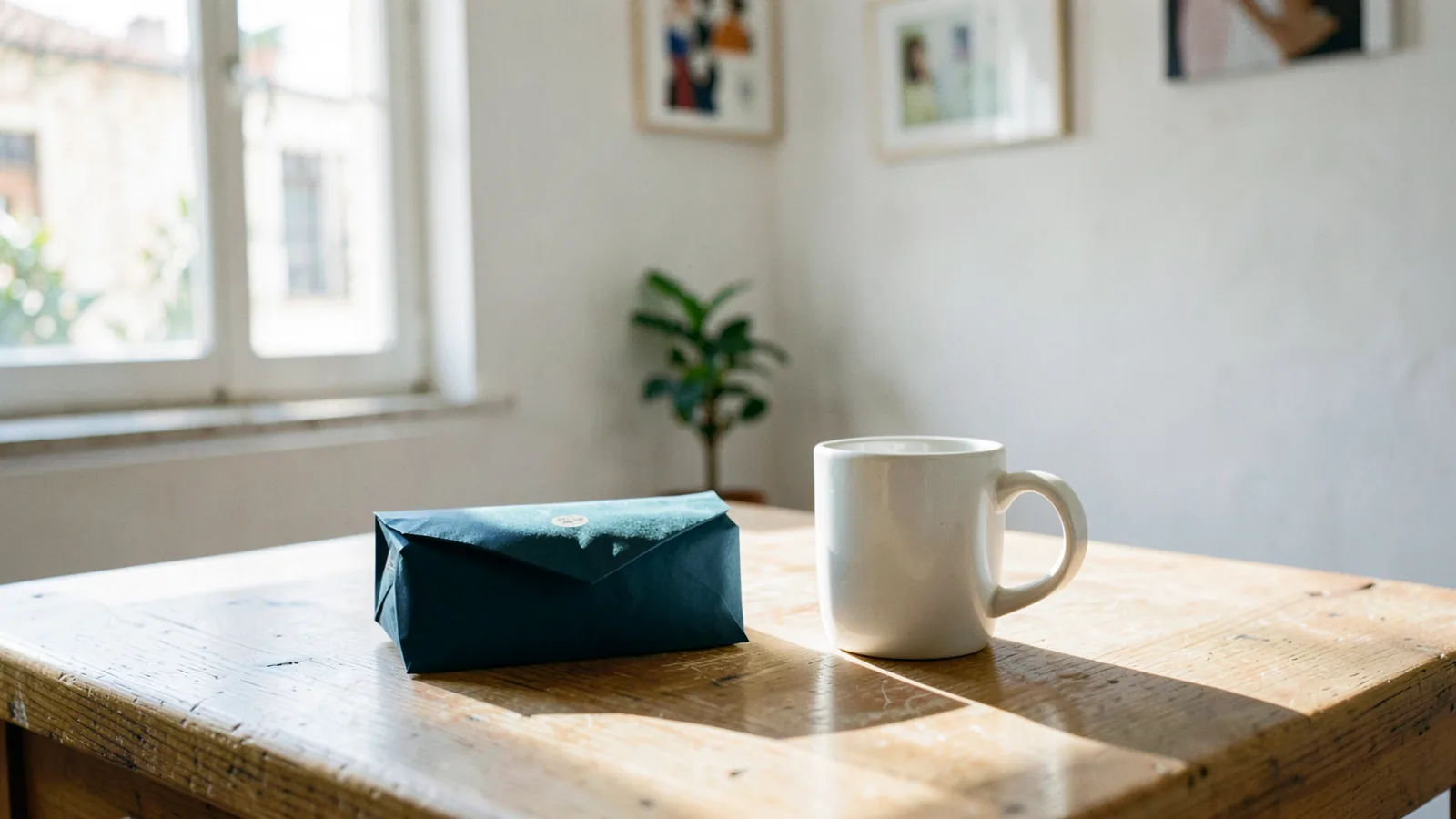 Un sobre de papel azul oscuro cerrado y una taza blanca sobre una mesa de madera, junto a una ventana con luz de mañana.