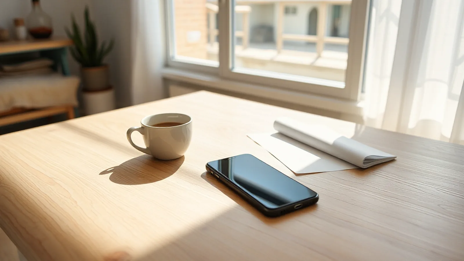Un móvil boca abajo junto a una taza de café y un papel doblado, sobre una mesa de madera al sol
