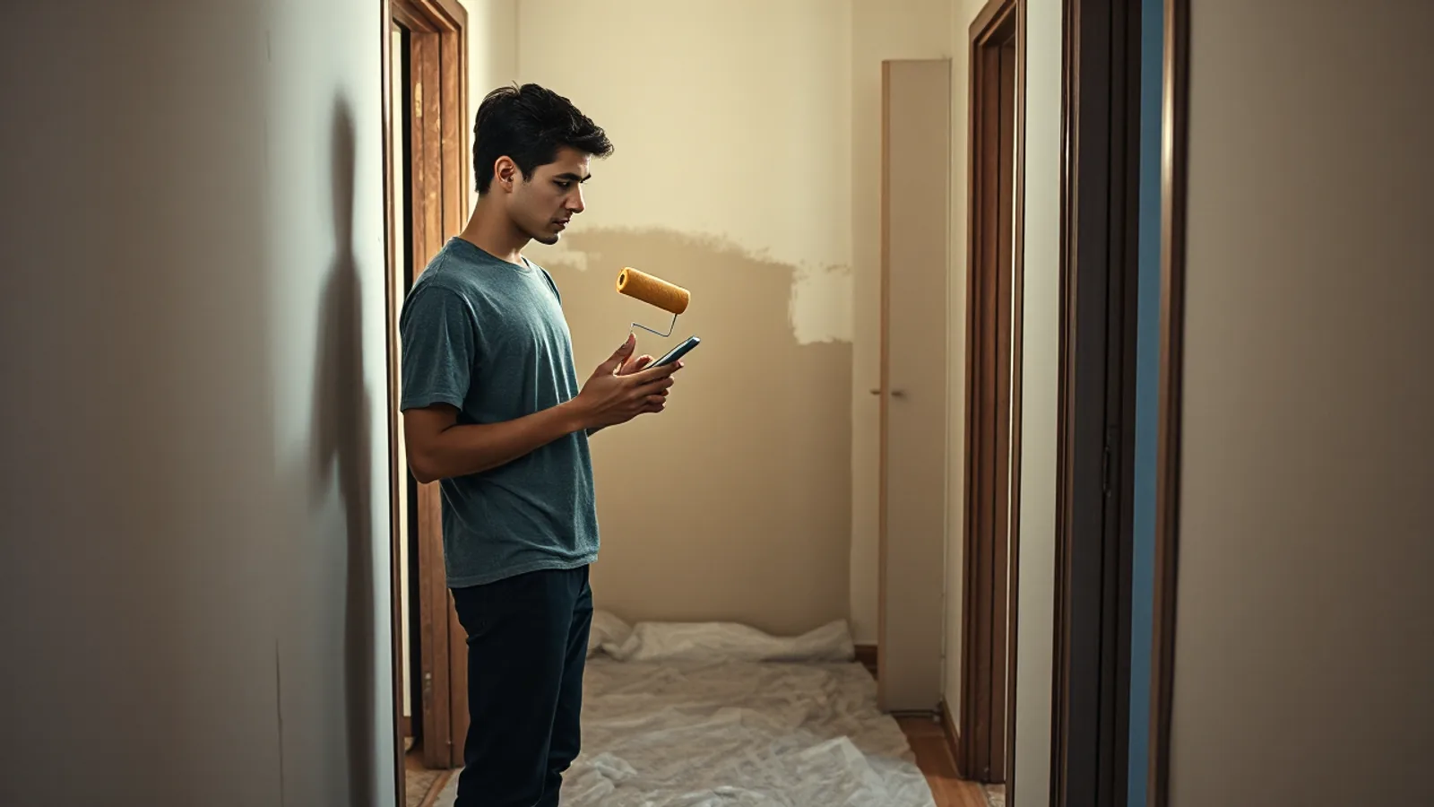 Un hombre de unos treinta y cinco años, de pie en el pasillo de su casa con un rodillo de pintar parado a media altura, mira el móvil con gesto de estar recalculando