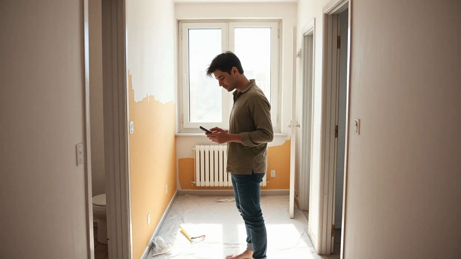 Un hombre de unos treinta y cinco años, de pie en el pasillo de su casa con un rodillo de pintar parado a media altura, mira el móvil con gesto de estar recalculando